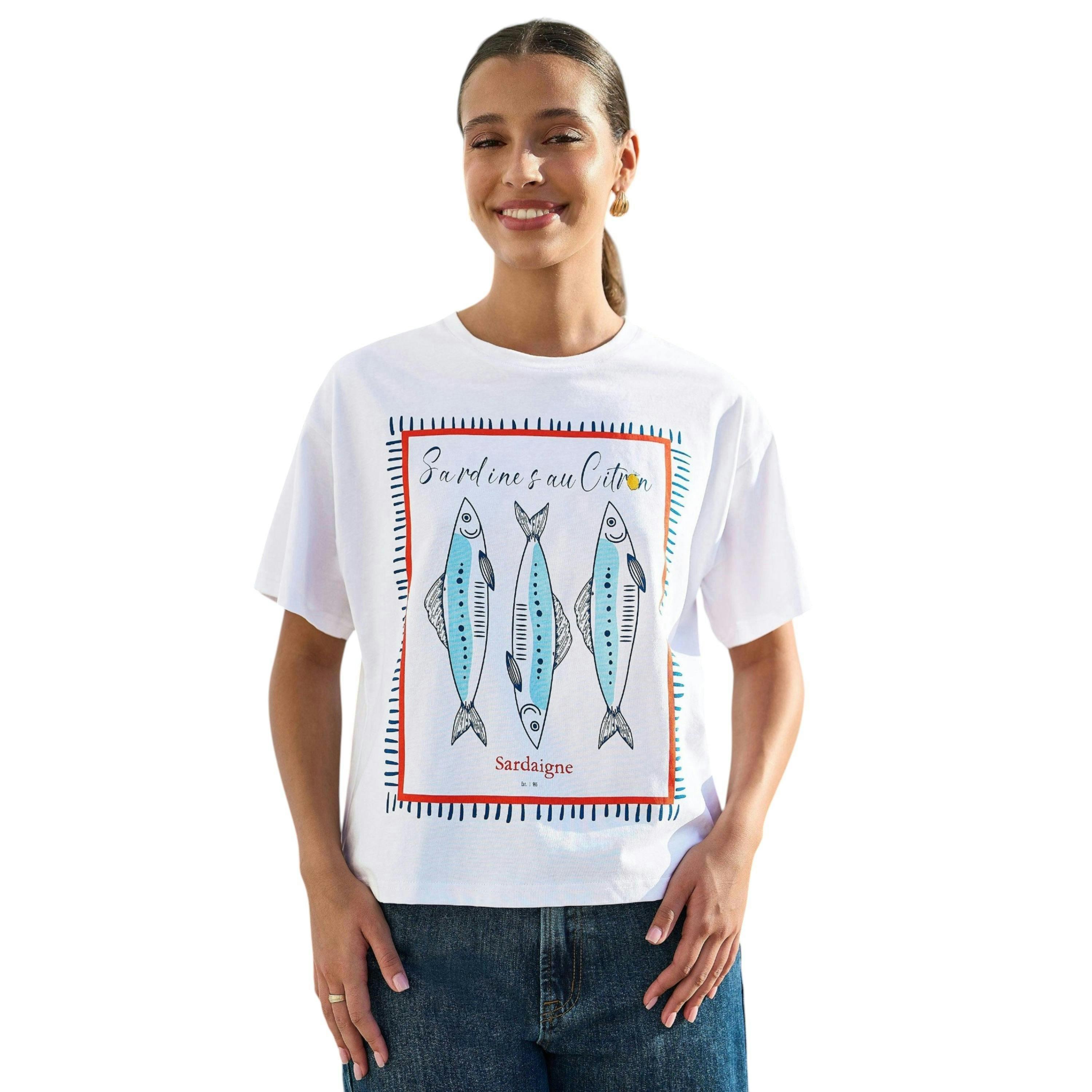 Yumi White Cotton Summer Motif T-Shirt , view 1 of 6