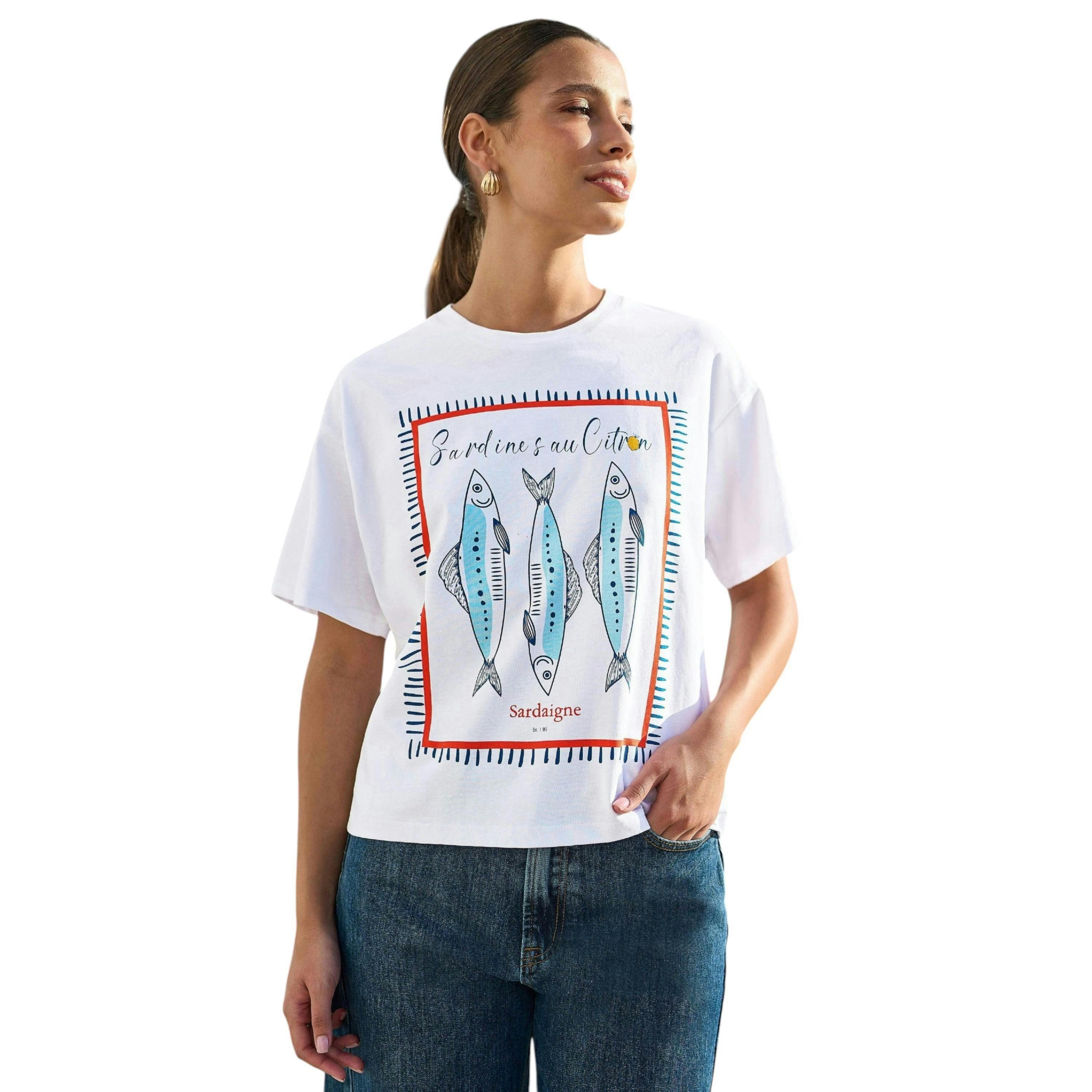 Yumi White Cotton Summer Motif T-Shirt , view 4 of 6