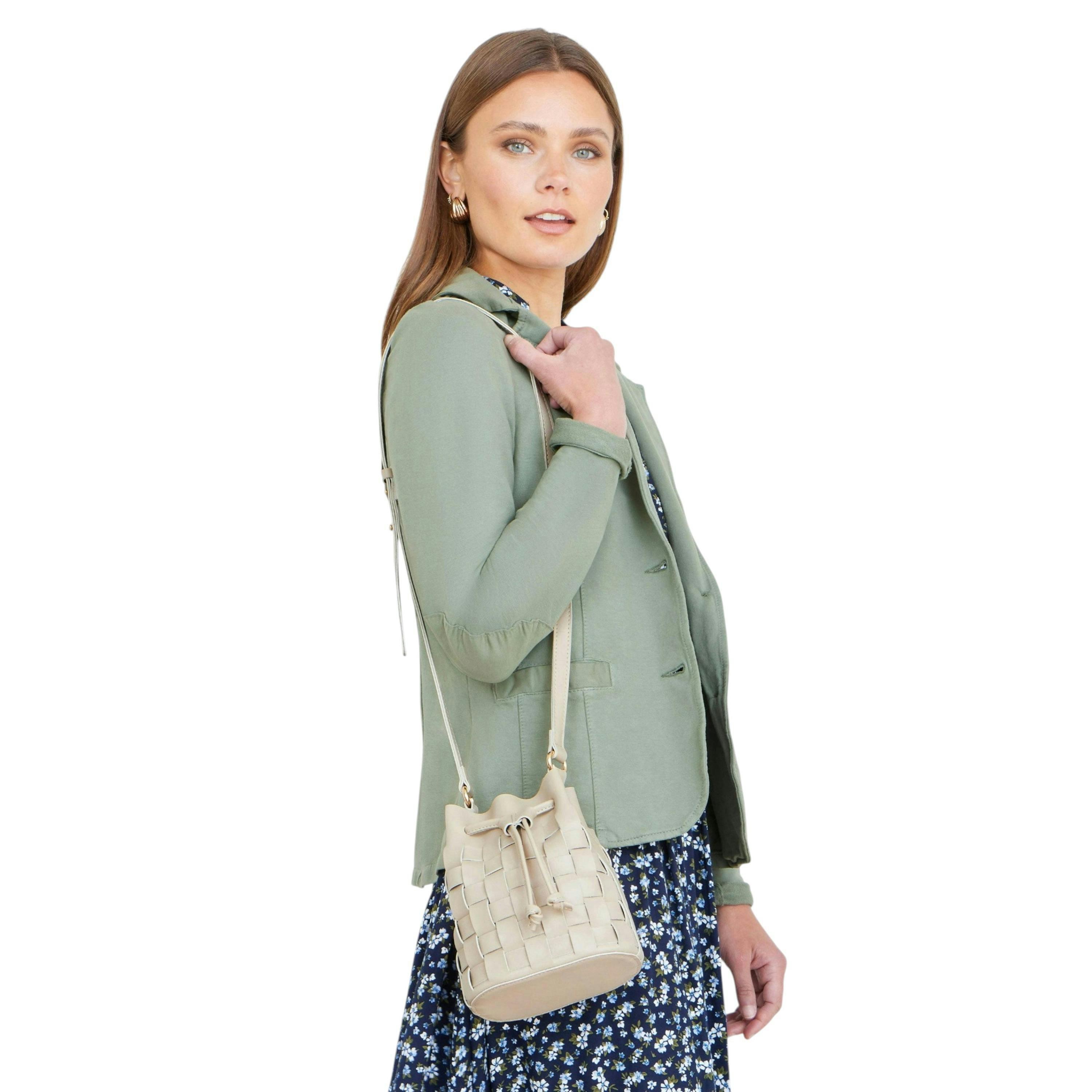Yumi Beige Woven Bucket Shoulder Bag , view 1 of 6