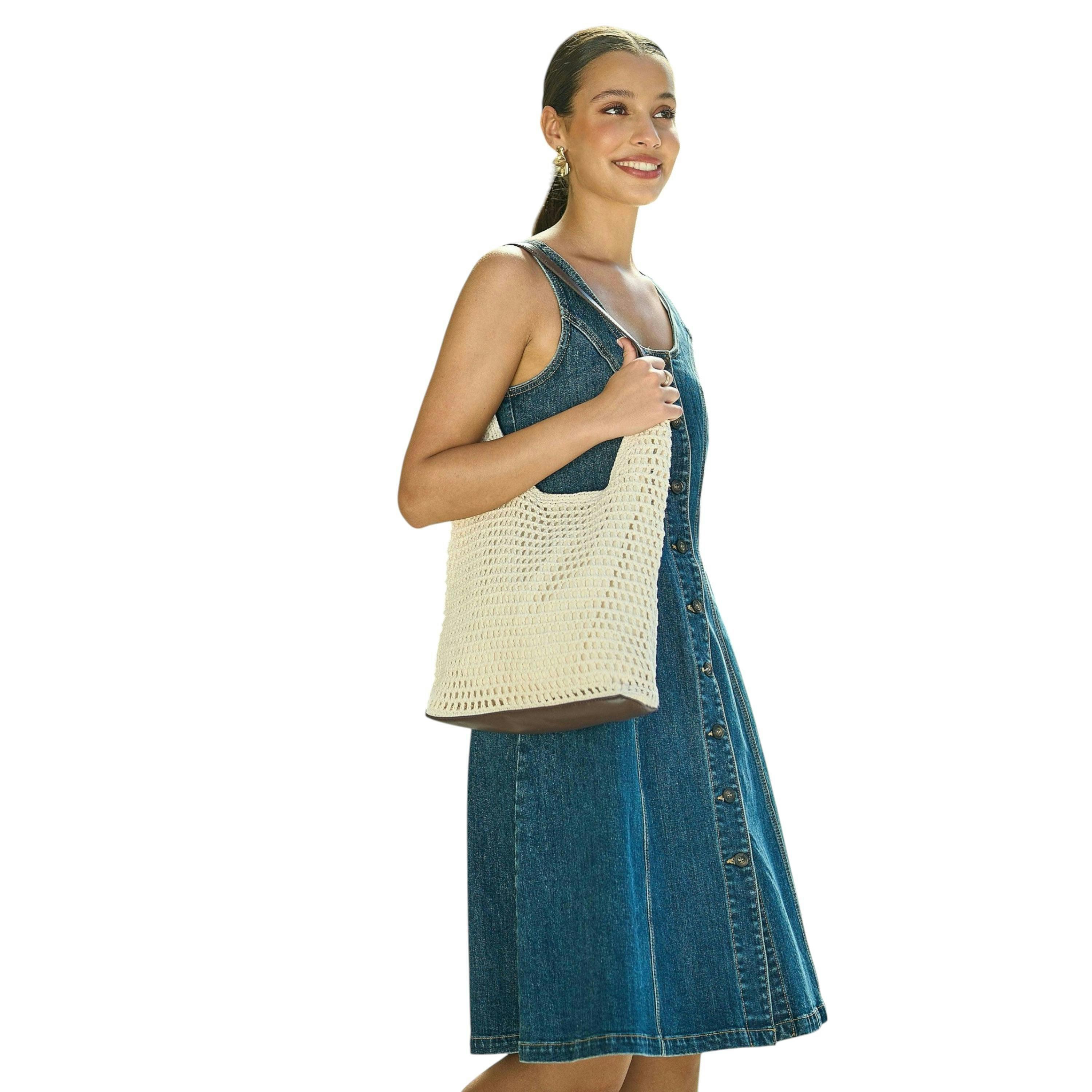 Yumi Ivory Crochet Shoulder Bag With Faux Leather Straps , view 1 of 6