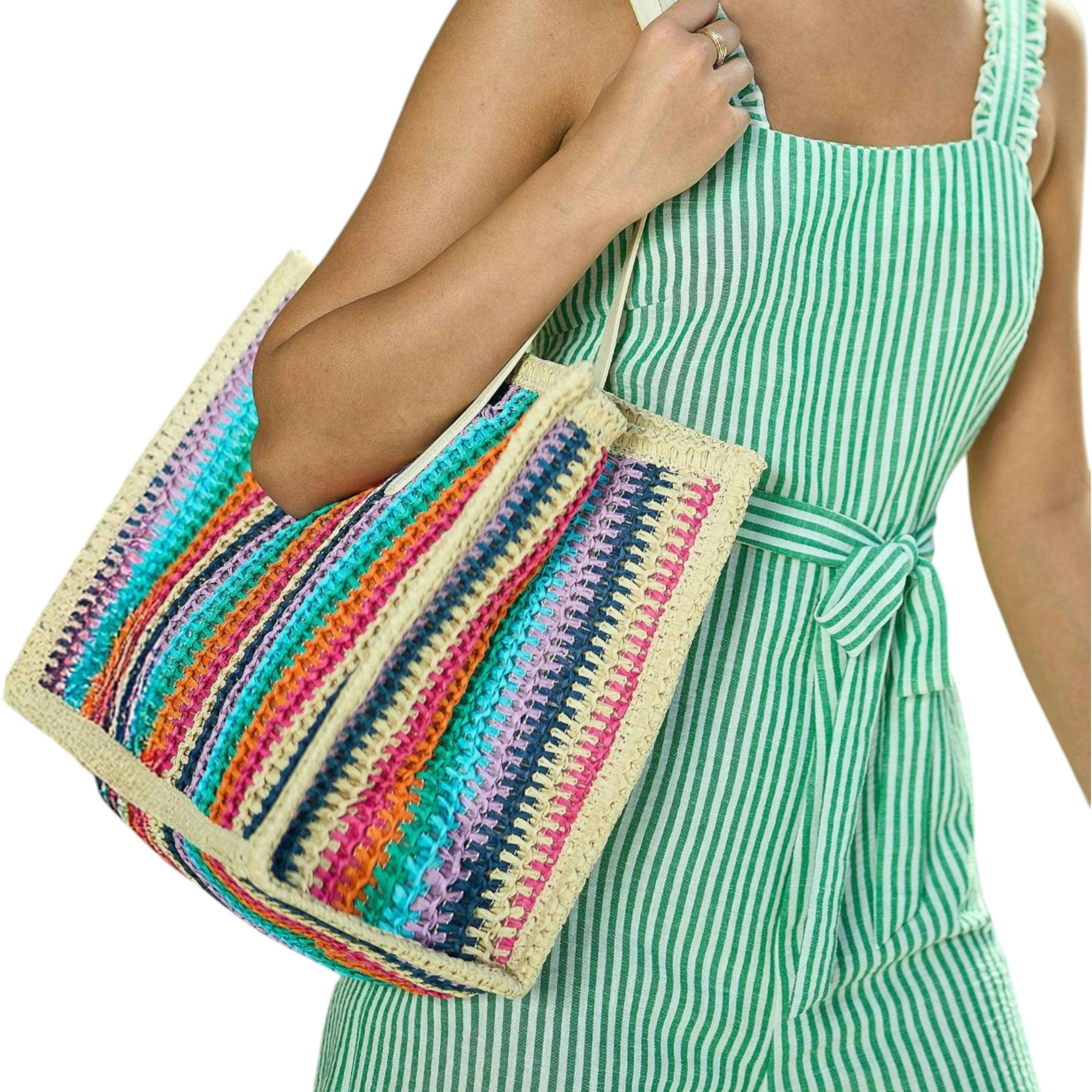 Yumi Multicolour Stripe Natural Shoulder Bag , view 1 of 6
