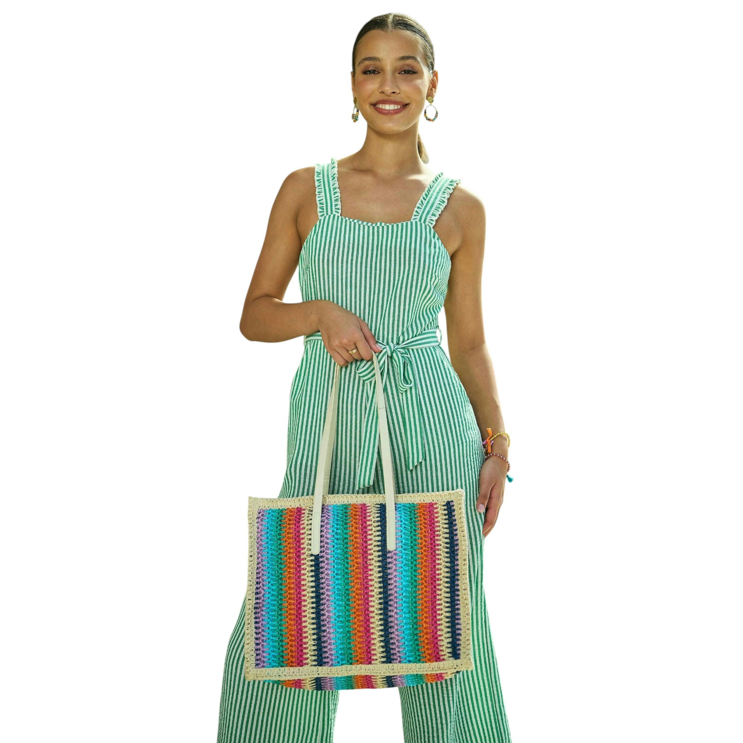 Yumi Multicolour Stripe Natural Shoulder Bag , view 2 of 6