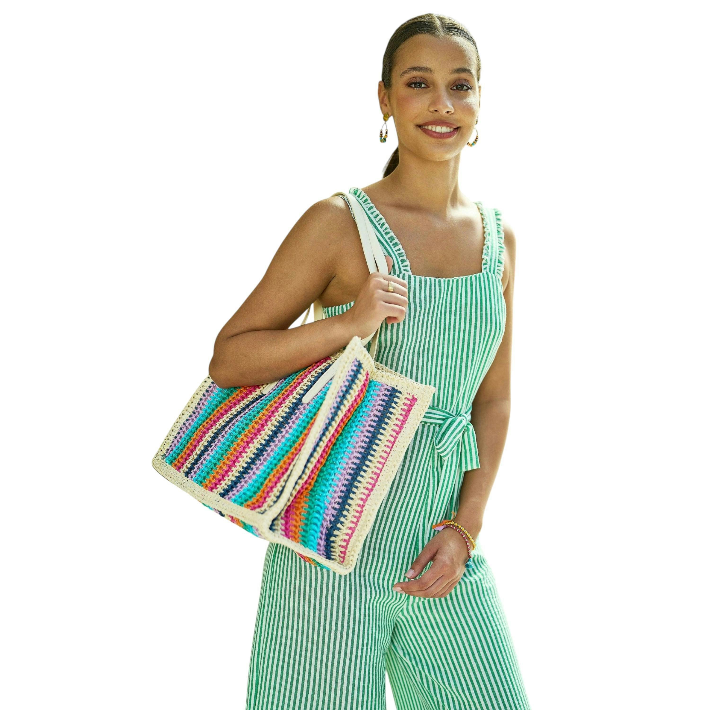 Yumi Multicolour Stripe Natural Shoulder Bag , view 3 of 6