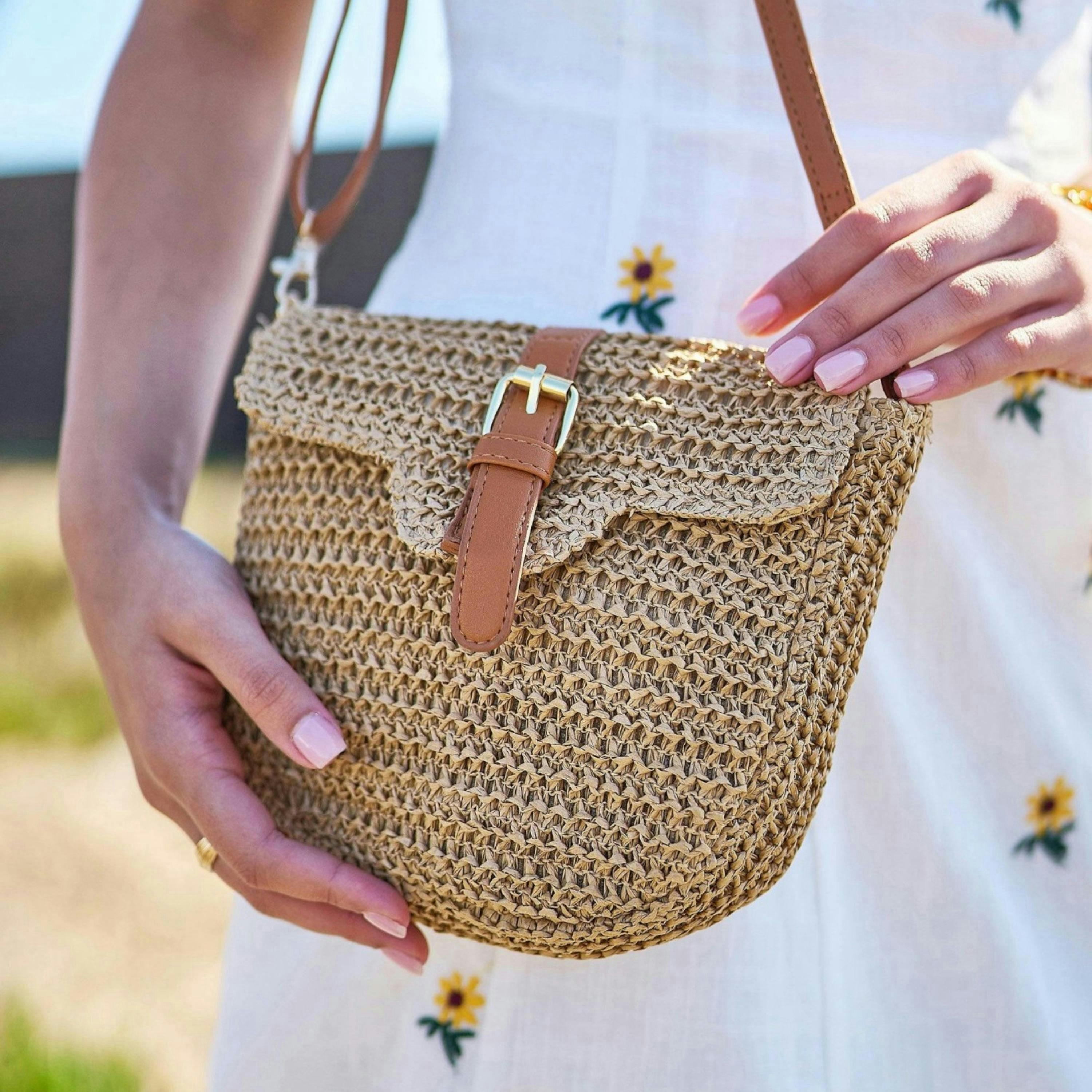 Yumi Brown Woven Rattan Handbag With Buckle , view 2 of 6