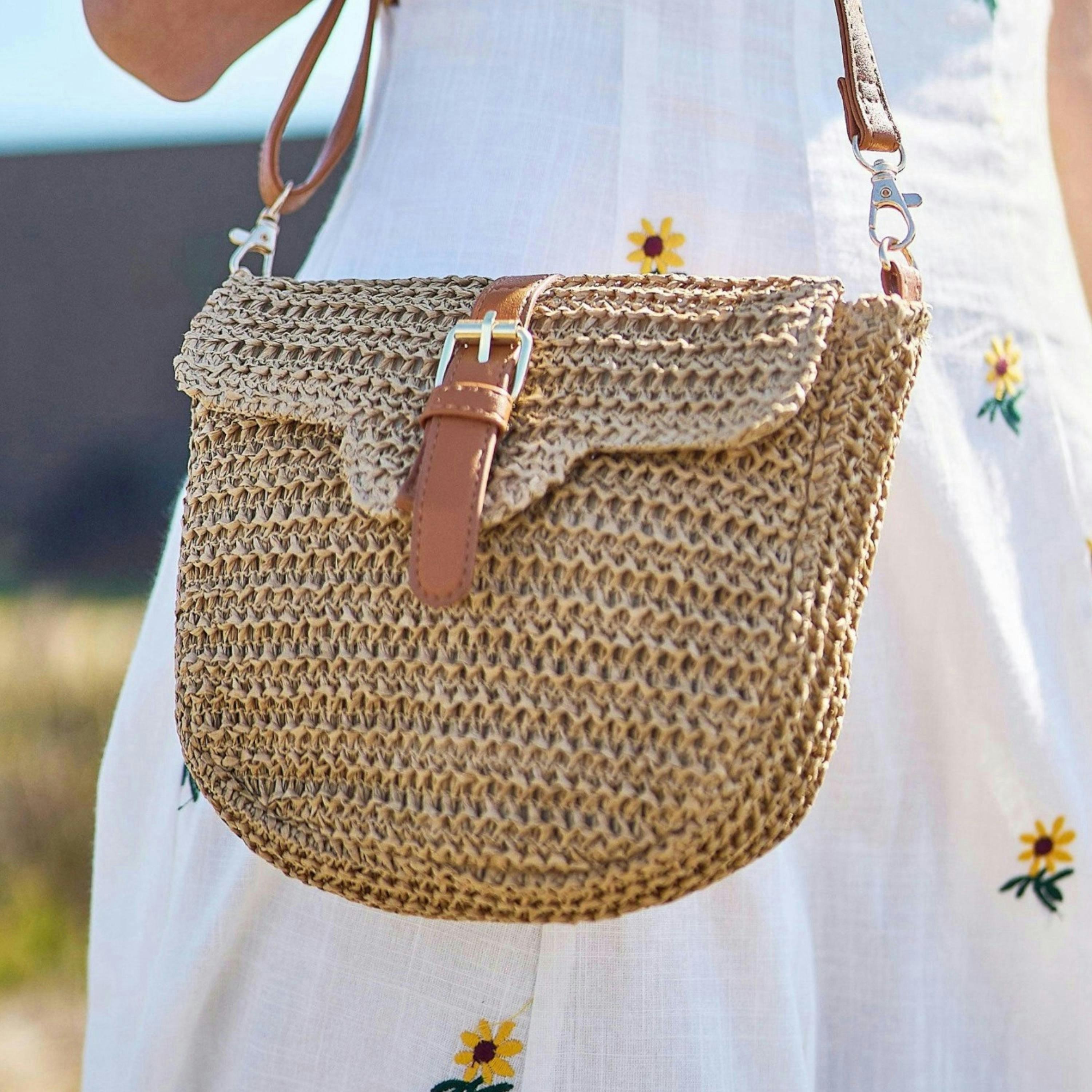 Yumi Brown Woven Rattan Handbag With Buckle , view 4 of 6
