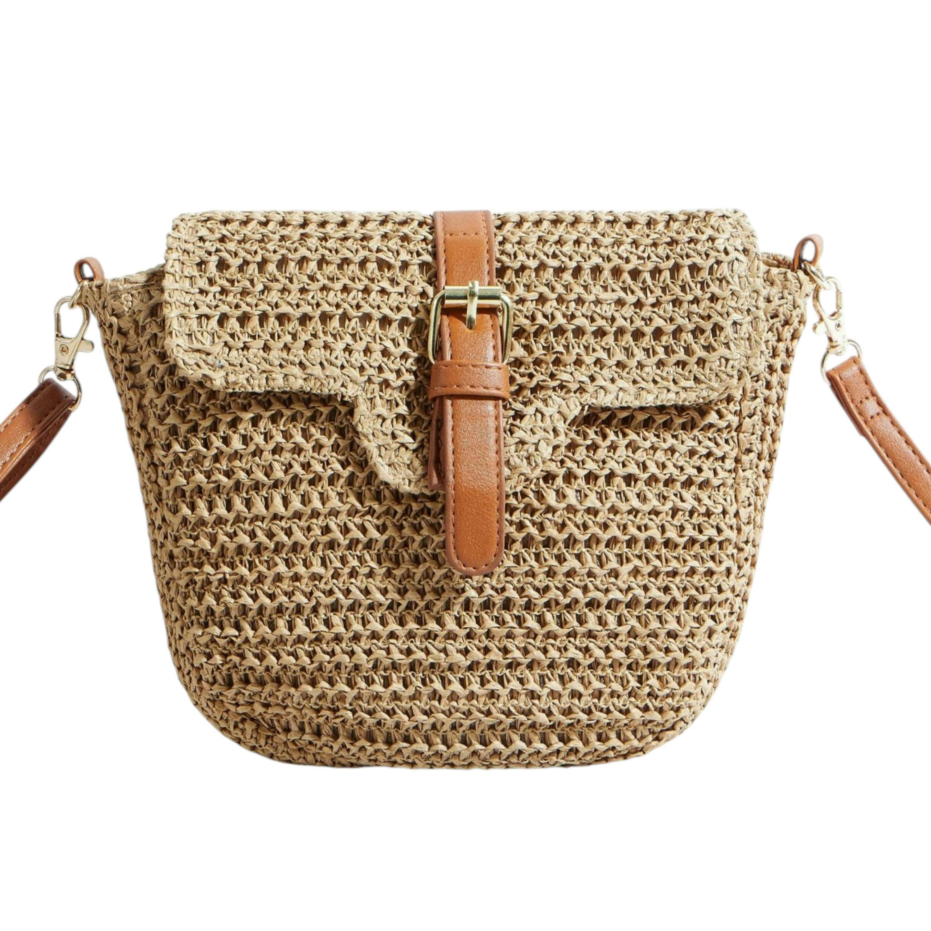 Yumi Brown Woven Rattan Handbag With Buckle , view 5 of 6