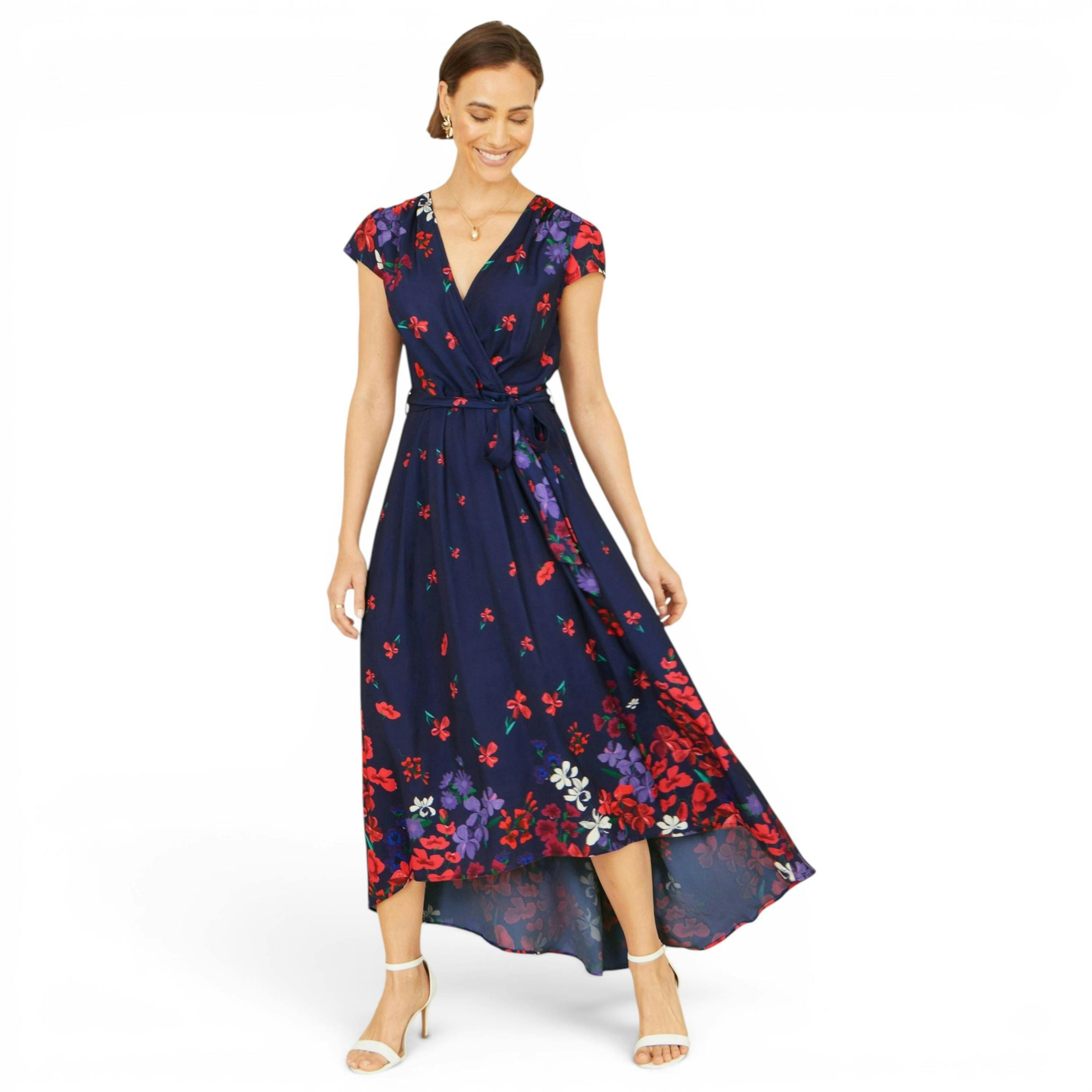 Yumi Navy Floral Mirror Wrap Dress With Dip Hem , view 1 of 6