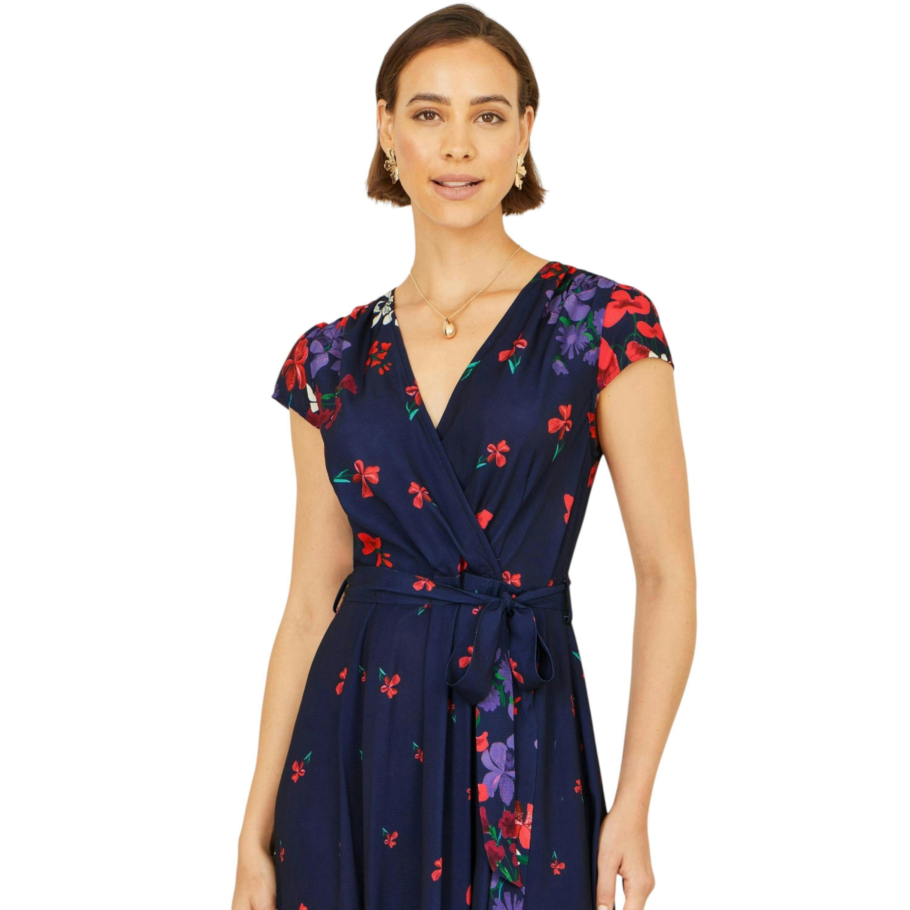 Yumi Navy Floral Mirror Wrap Dress With Dip Hem , view 2 of 6