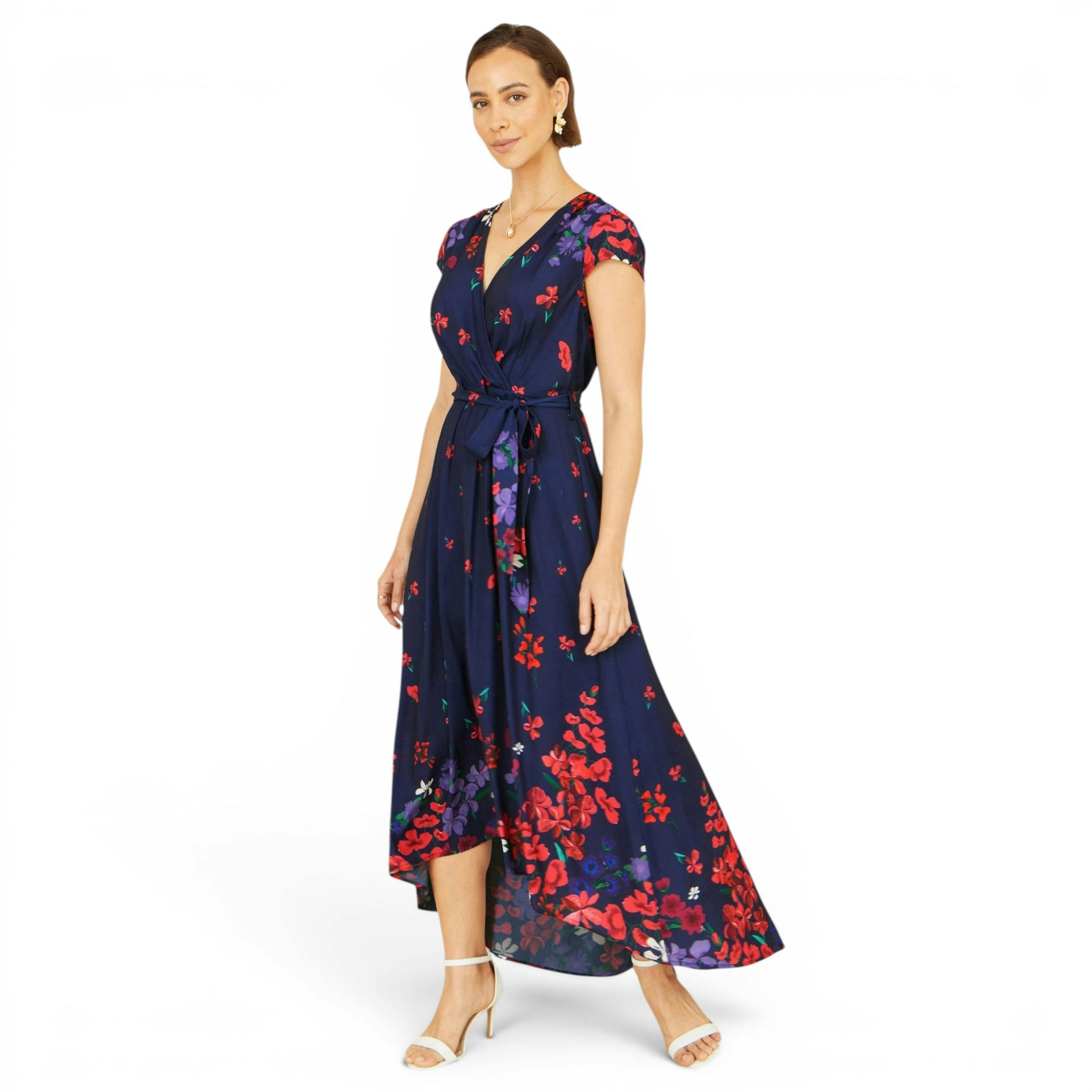 Yumi Navy Floral Mirror Wrap Dress With Dip Hem , view 3 of 6