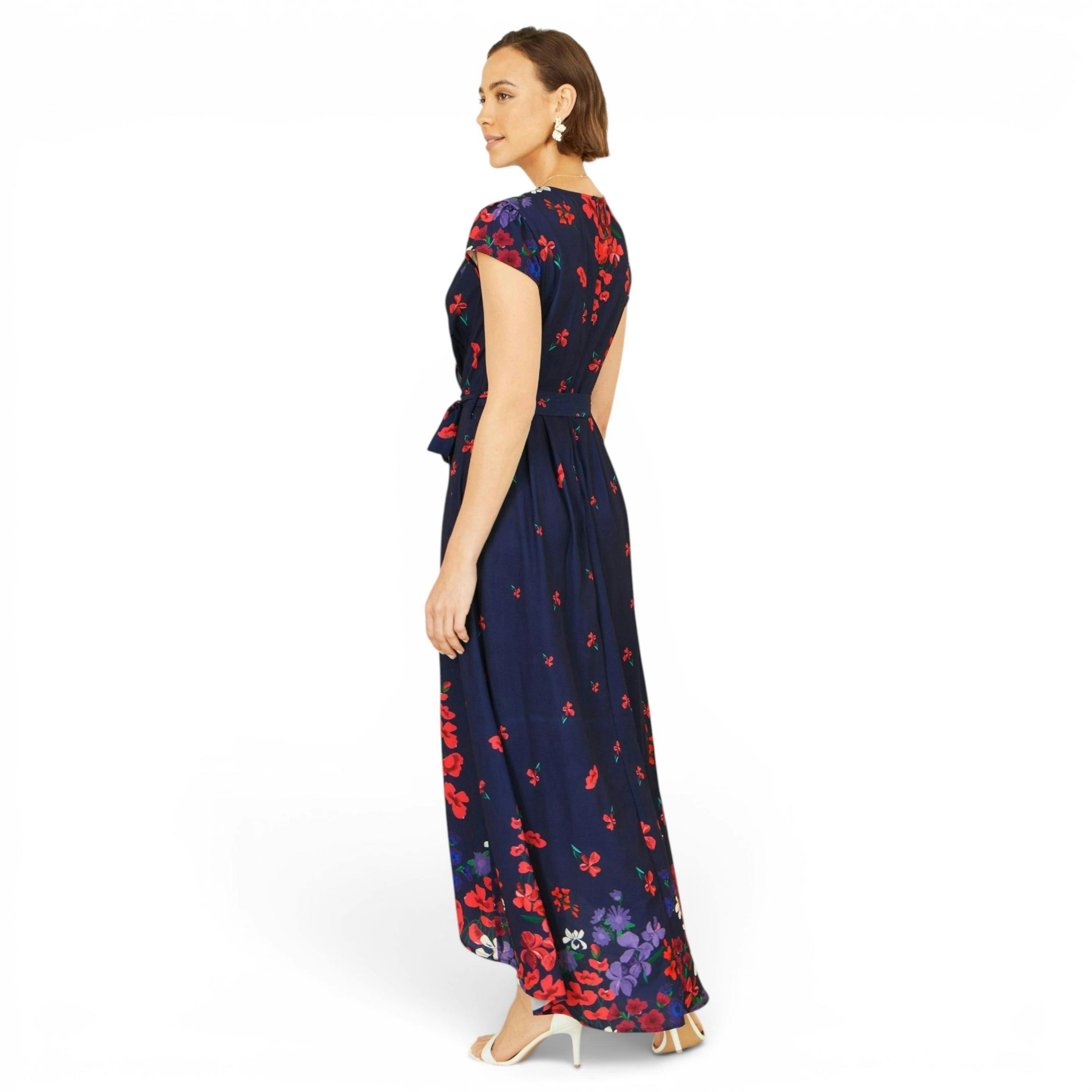 Yumi Navy Floral Mirror Wrap Dress With Dip Hem , view 4 of 6
