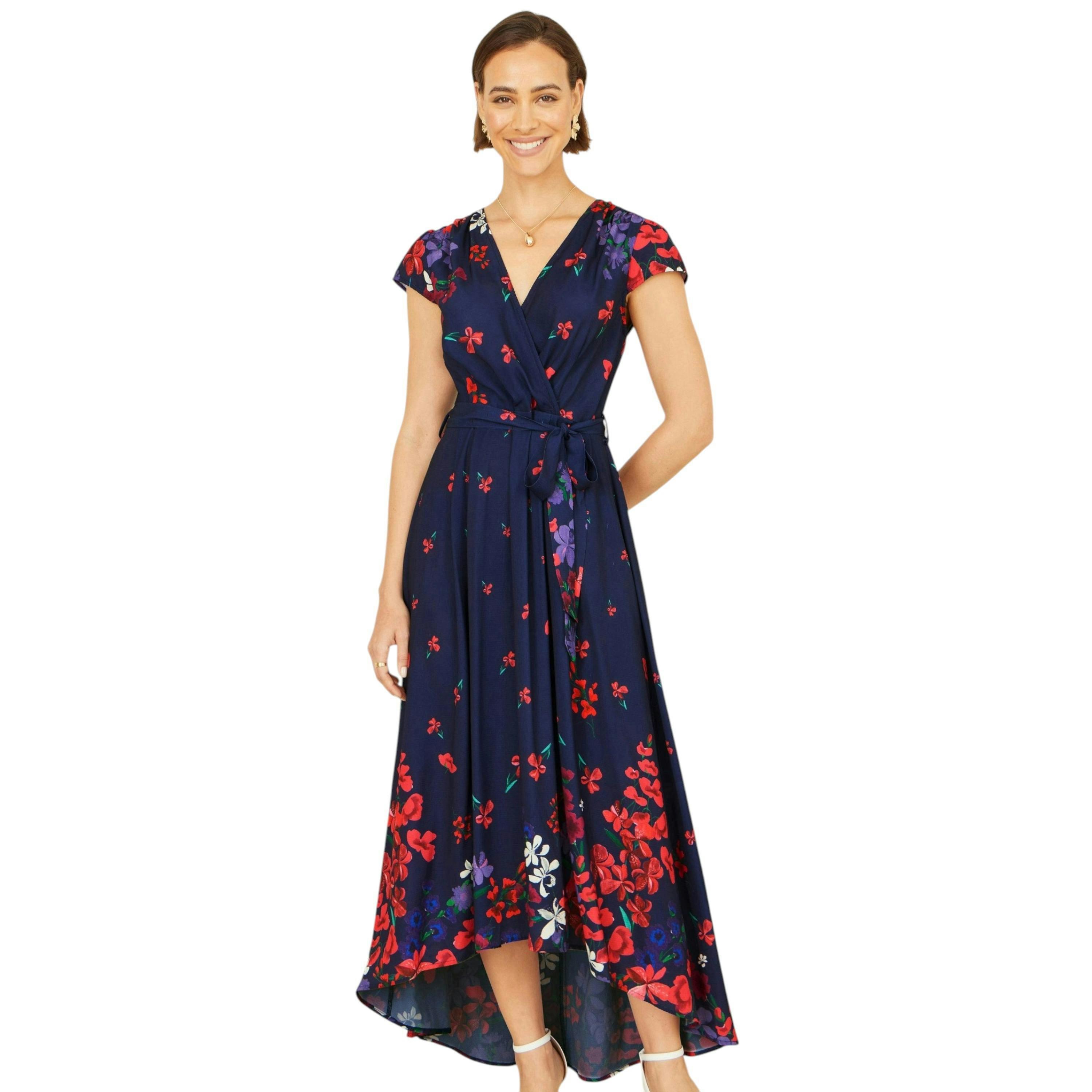 Yumi Navy Floral Mirror Wrap Dress With Dip Hem , view 5 of 6