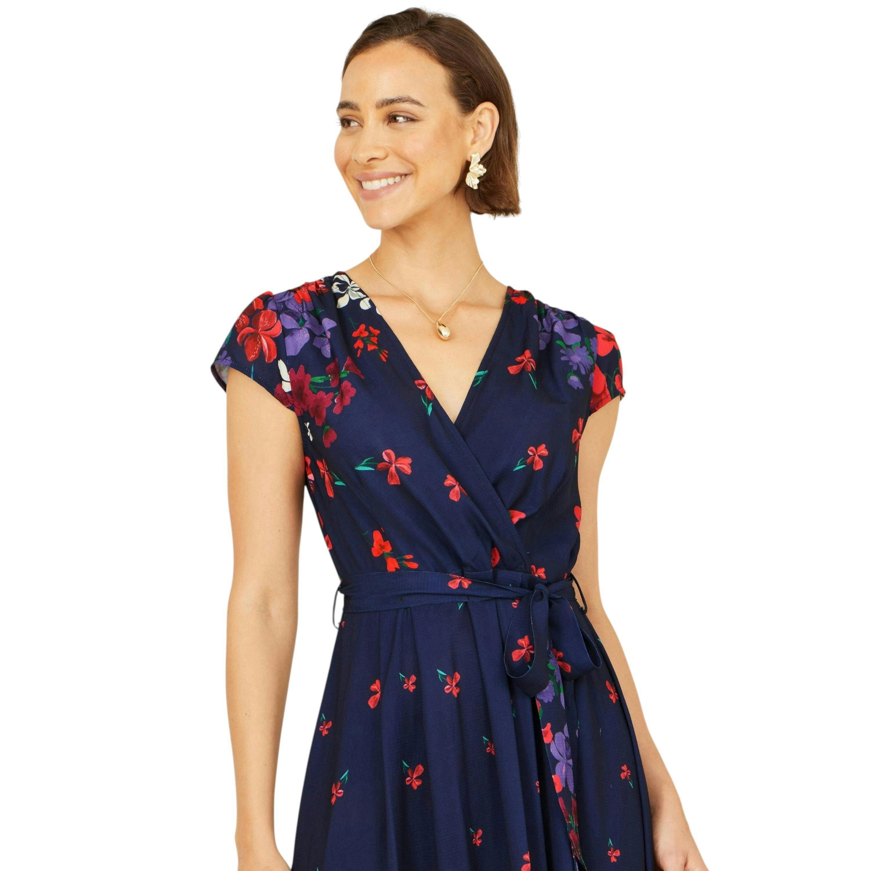 Yumi Navy Floral Mirror Wrap Dress With Dip Hem , view 6 of 6