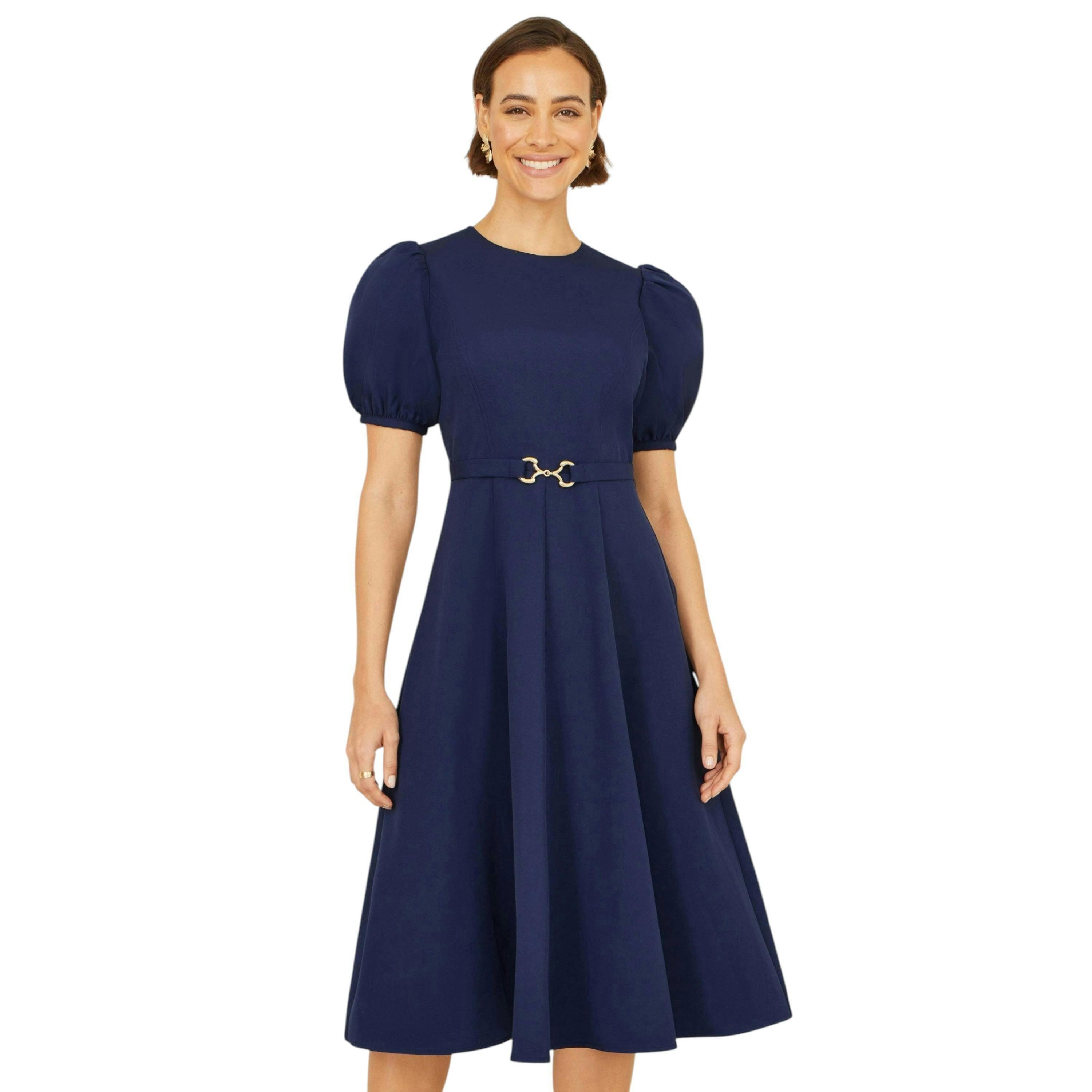 Yumi Navy Skater Dress With Puff Sleeves And Buckle Detail , view 1 of 5