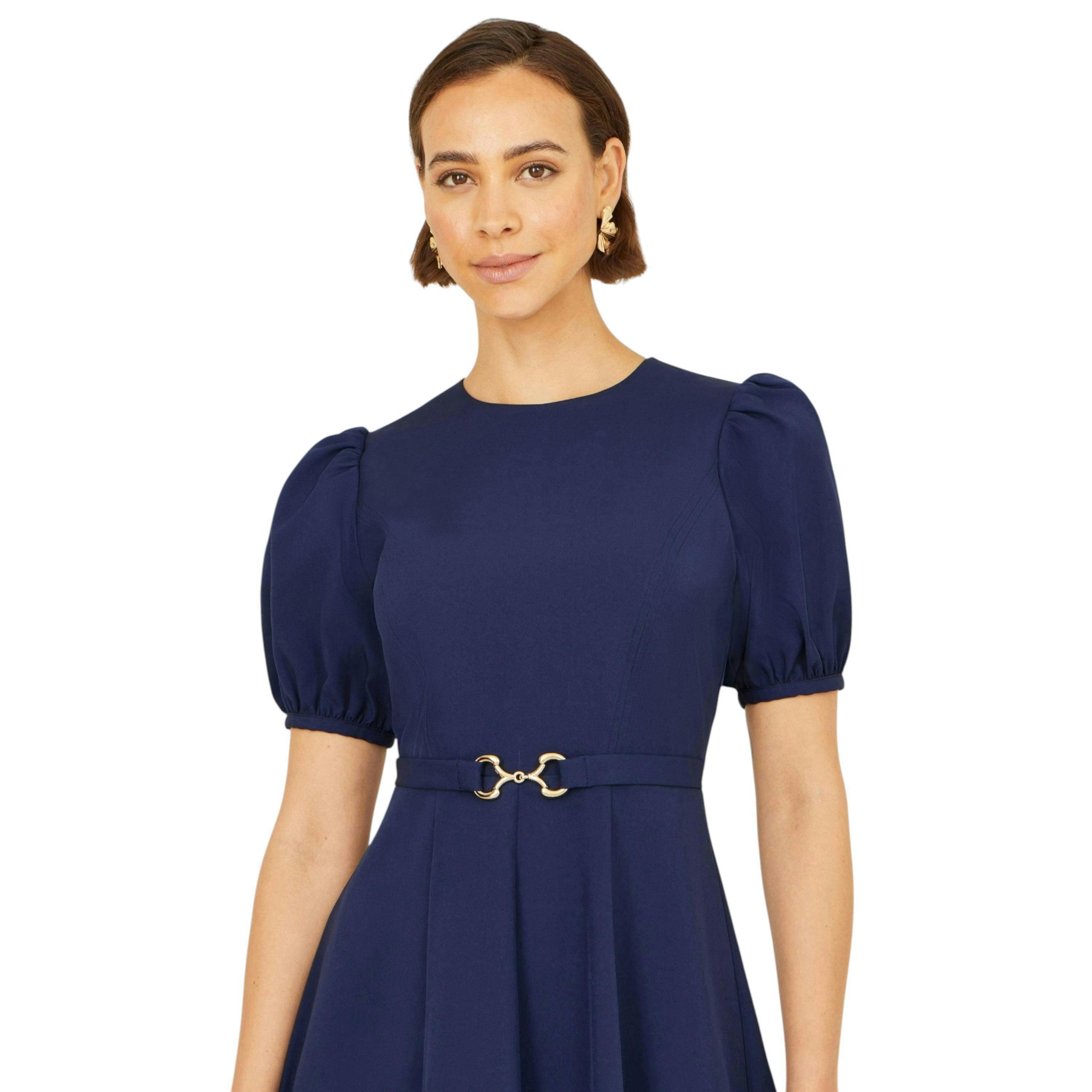 Yumi Navy Skater Dress With Puff Sleeves And Buckle Detail , view 2 of 5