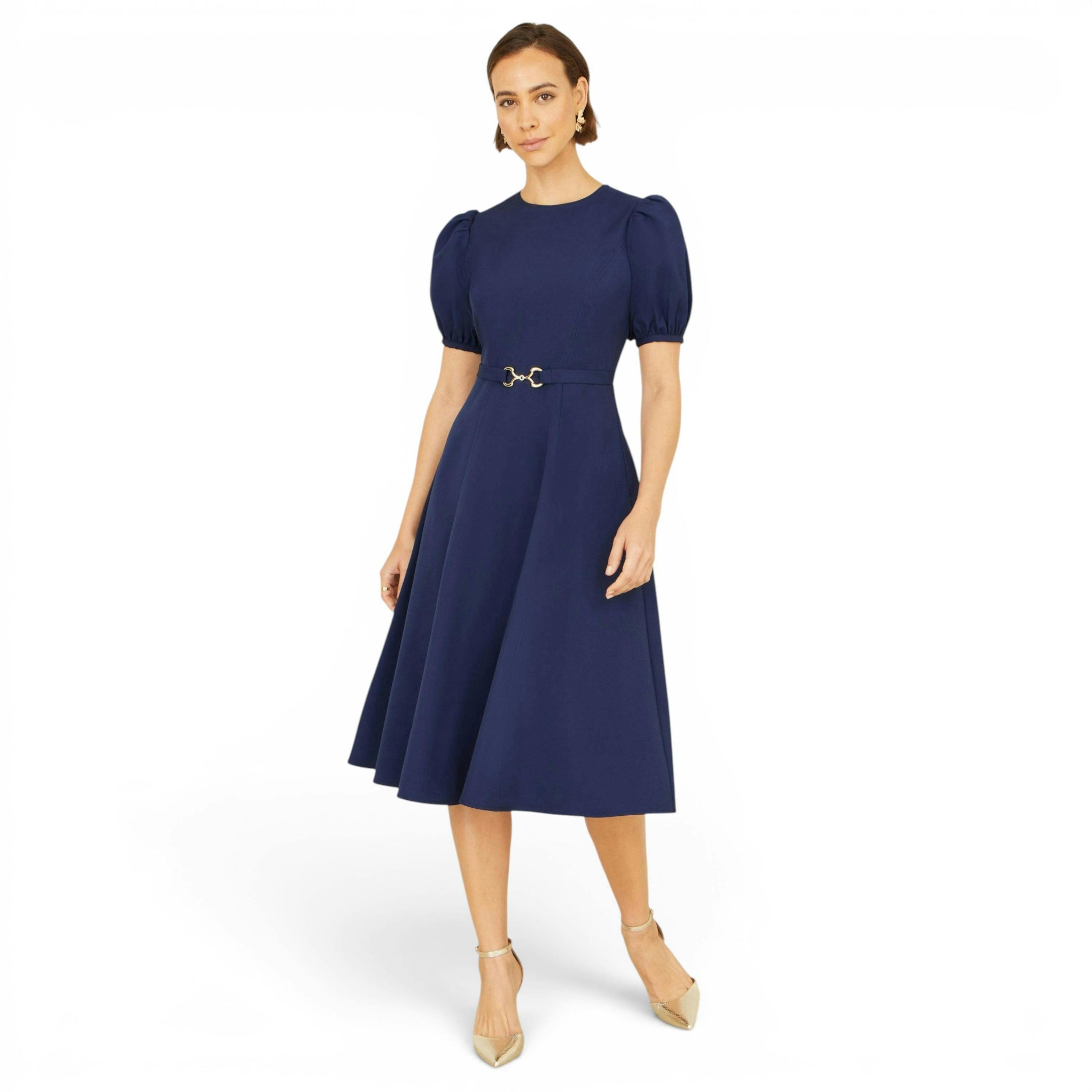 Yumi Navy Skater Dress With Puff Sleeves And Buckle Detail , view 3 of 5