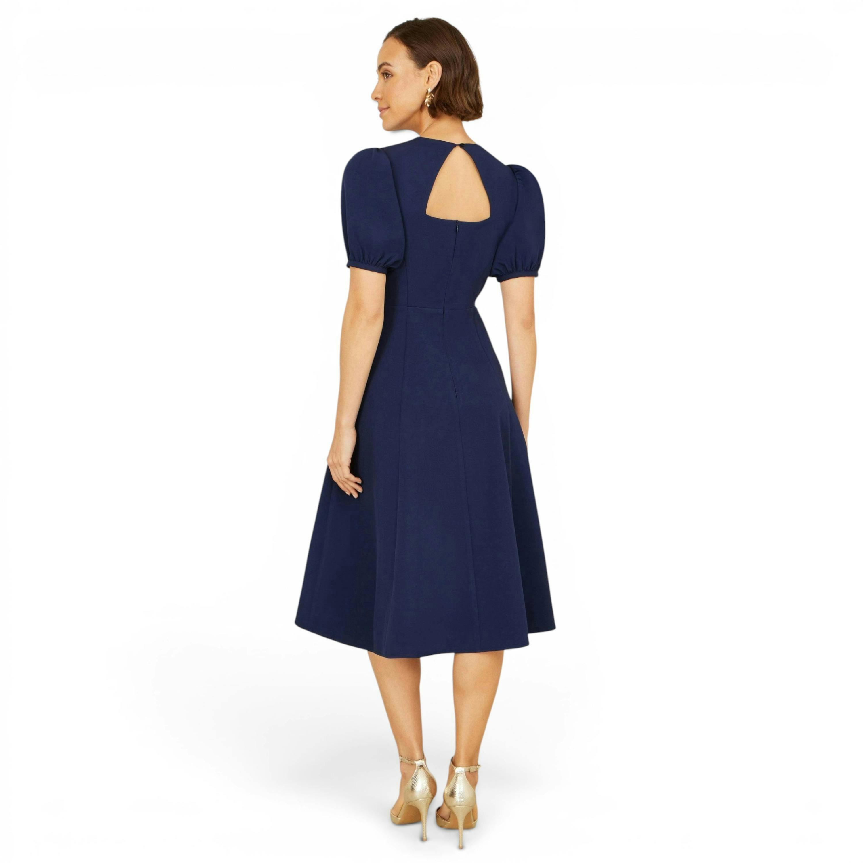 Yumi Navy Skater Dress With Puff Sleeves And Buckle Detail , view 4 of 5