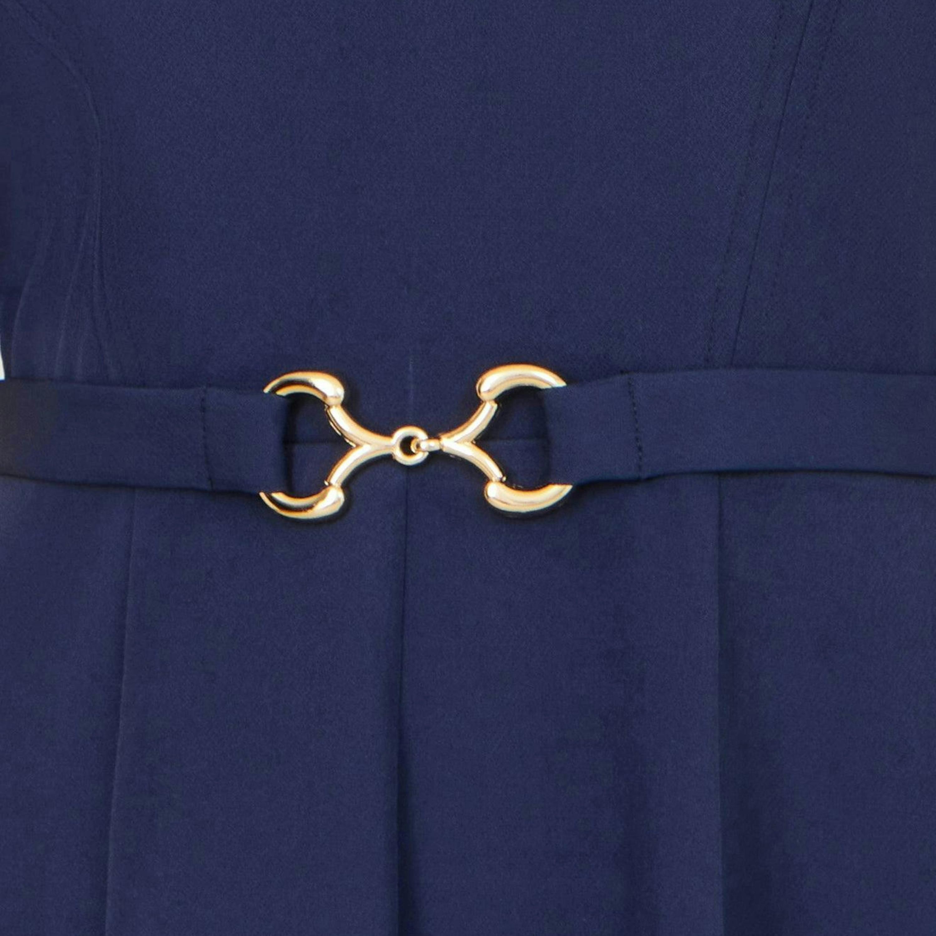Yumi Navy Skater Dress With Puff Sleeves And Buckle Detail , view 5 of 5