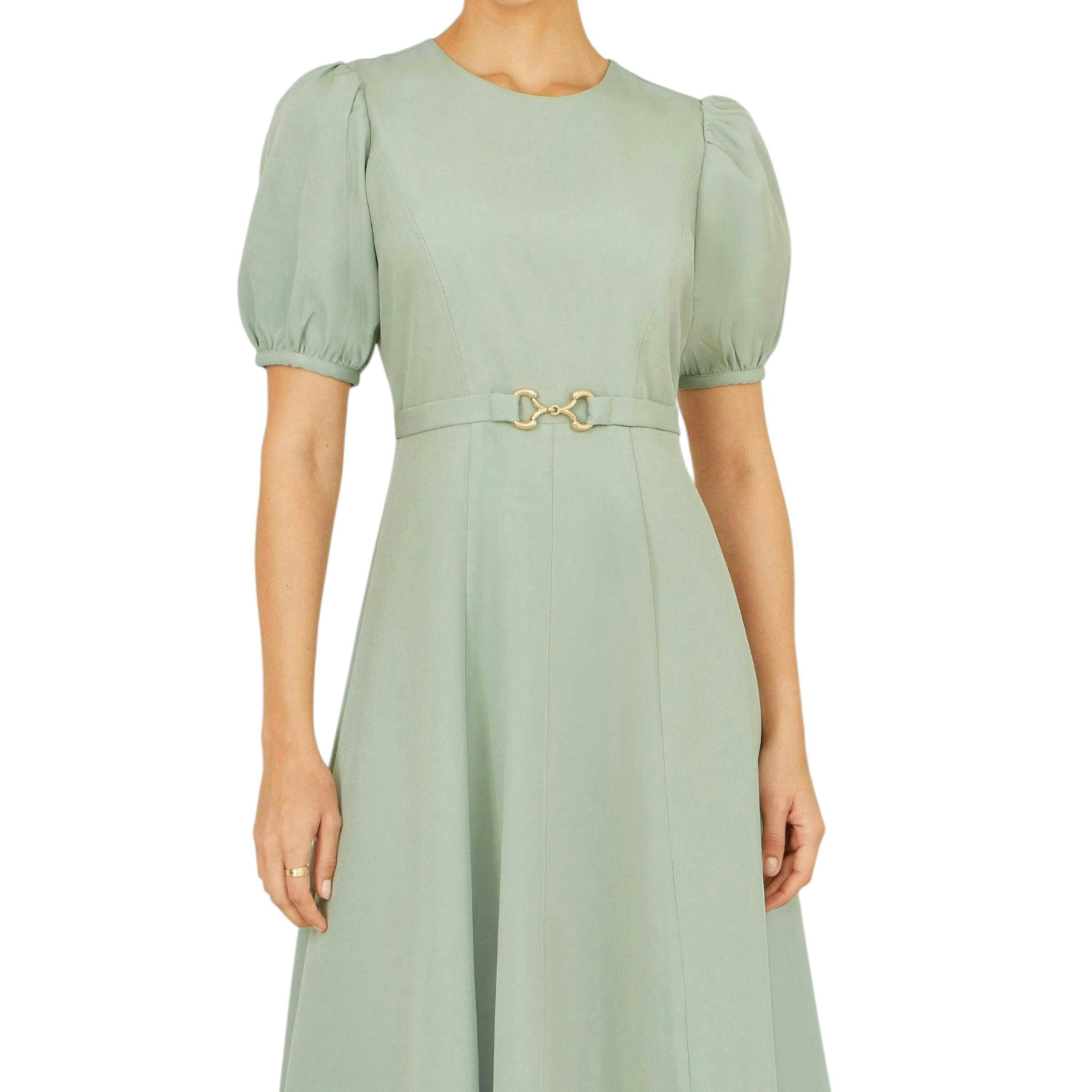 Yumi Mint Skater Dress With Puff Sleeves And Buckle Detail , view 1 of 5