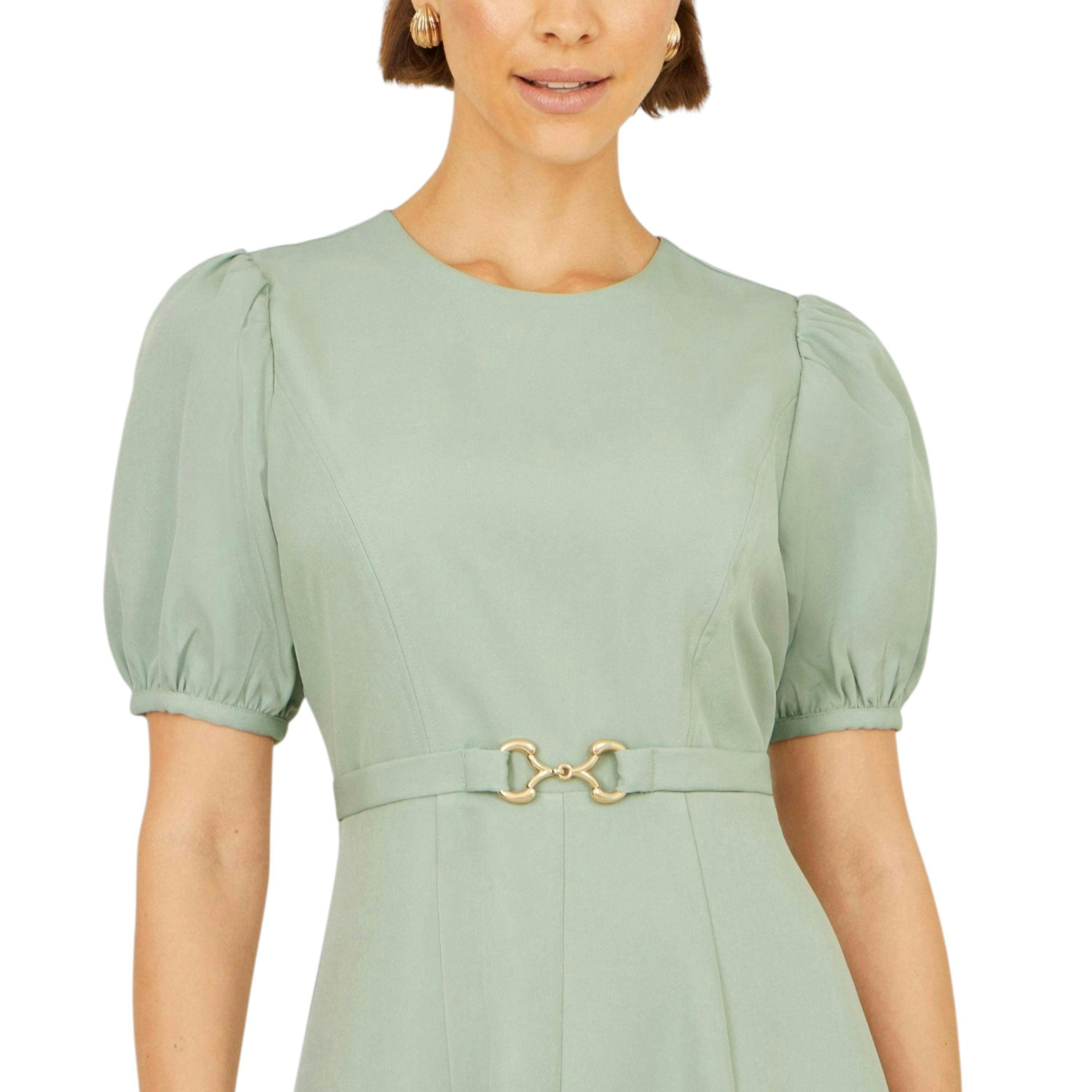 Yumi Mint Skater Dress With Puff Sleeves And Buckle Detail , view 2 of 5