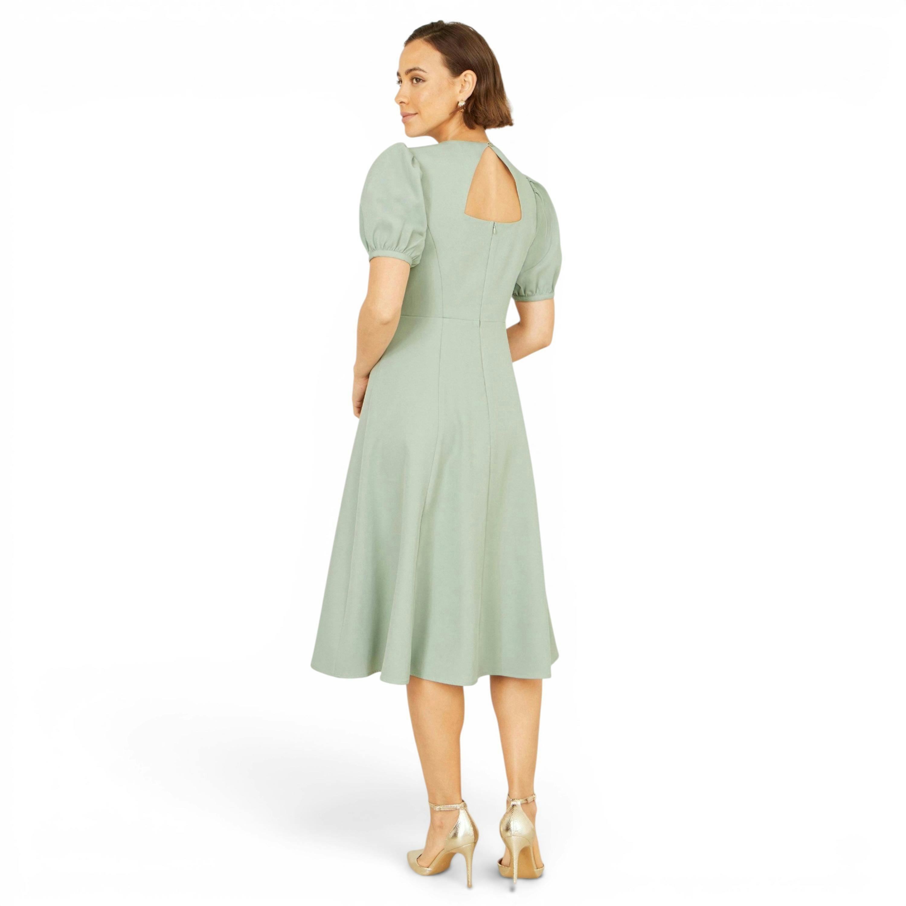 Yumi Mint Skater Dress With Puff Sleeves And Buckle Detail , view 3 of 5