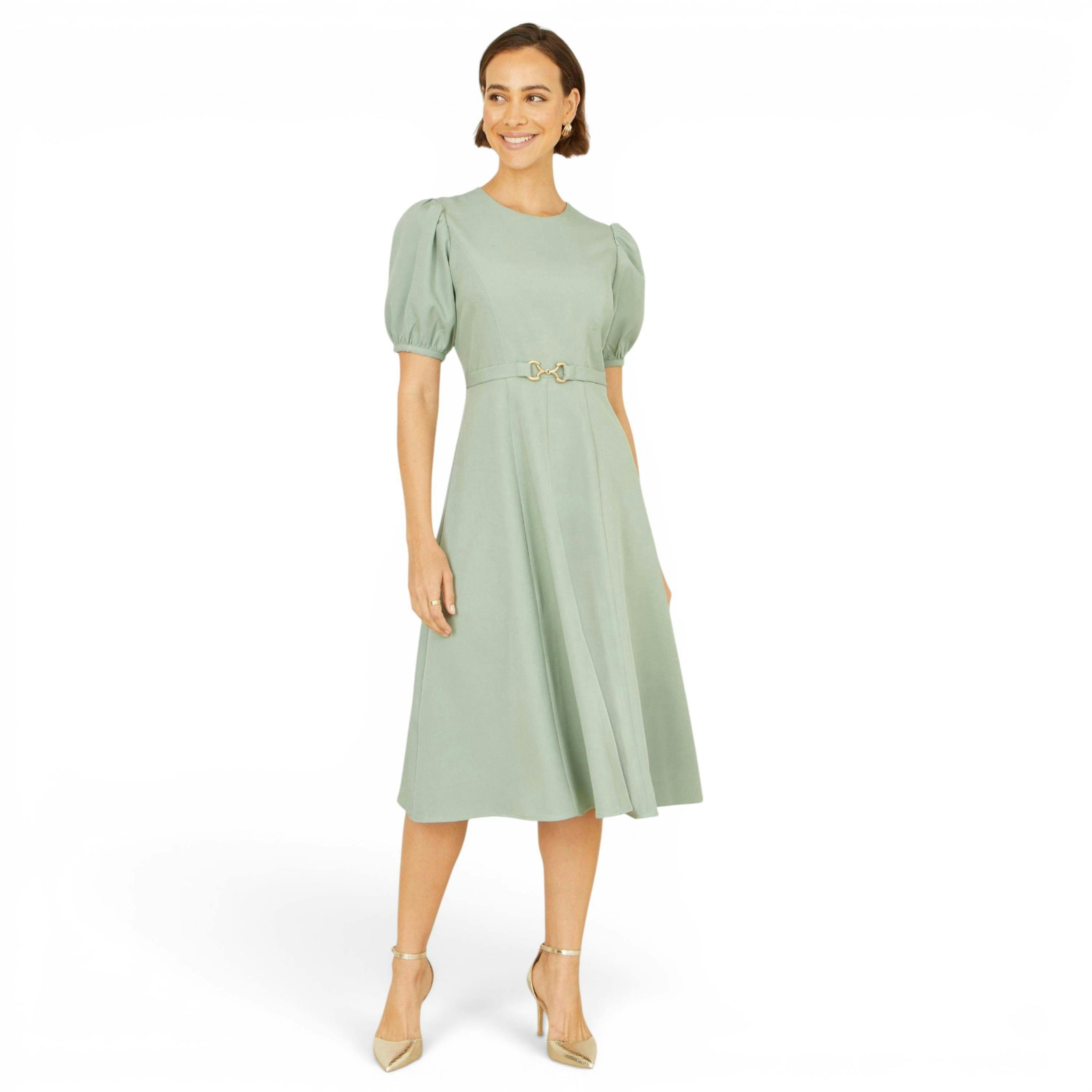 Yumi Mint Skater Dress With Puff Sleeves And Buckle Detail , view 4 of 5