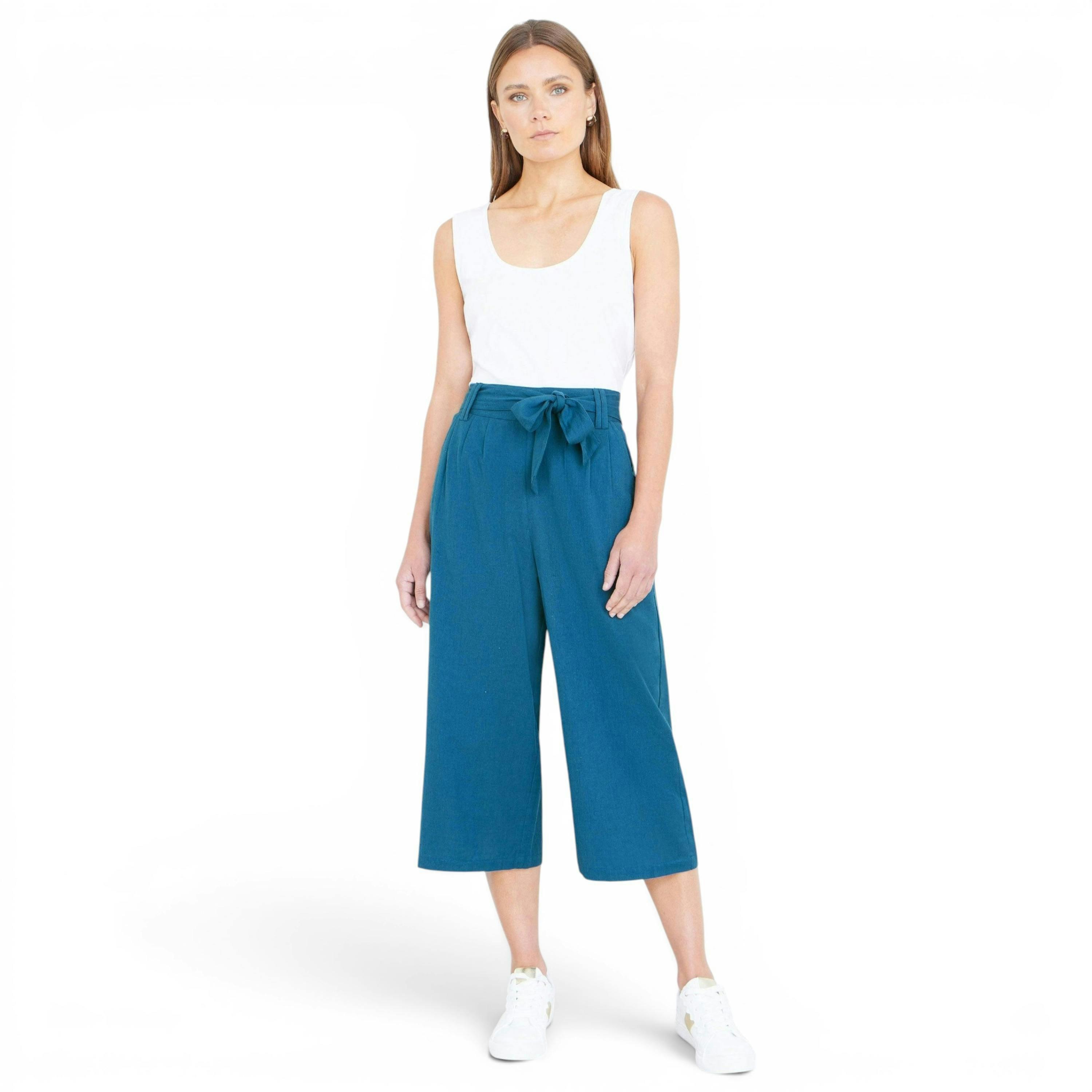 Yumi Teal Linen Mix Cropped Trousers With Tie Belt , view 1 of 5