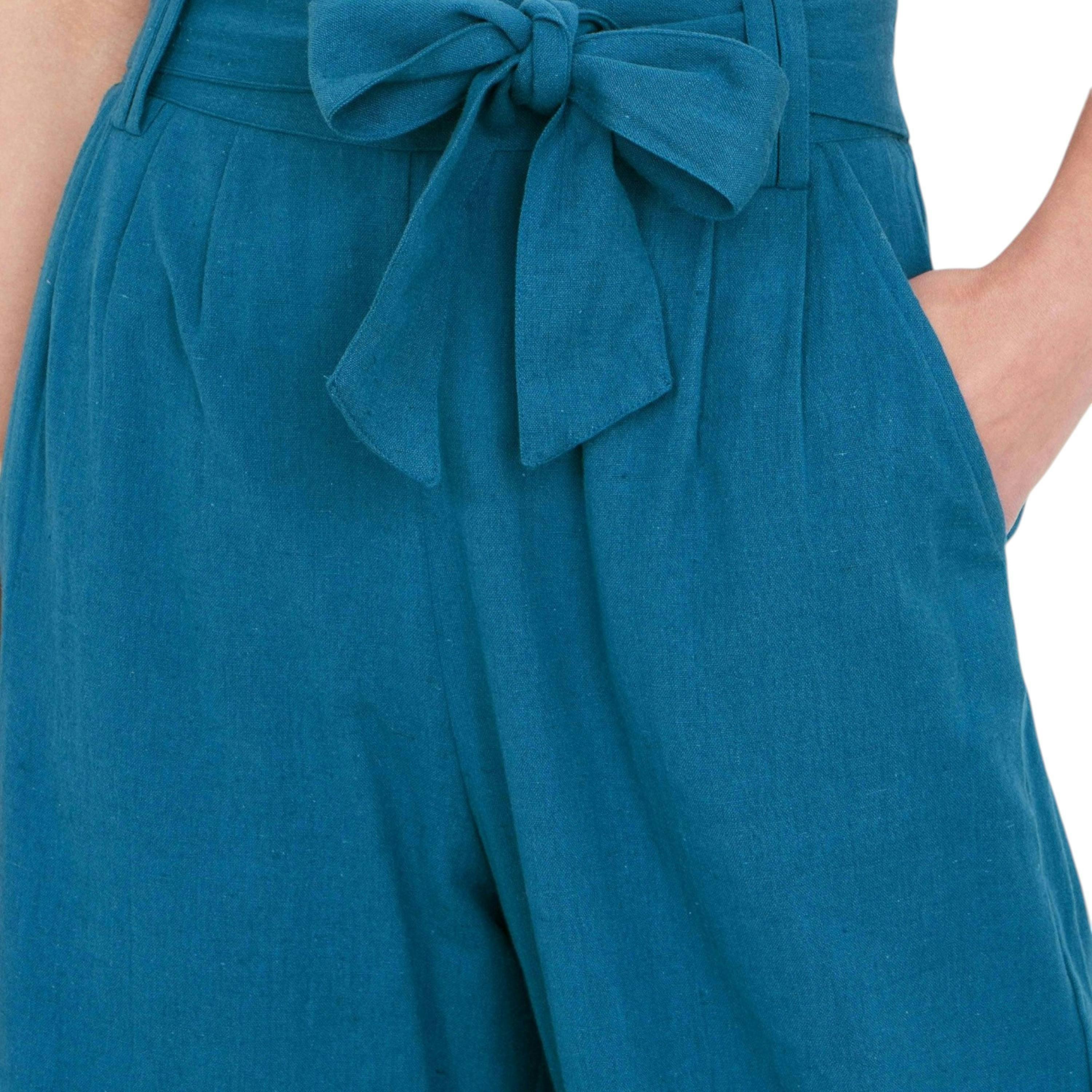 Yumi Teal Linen Mix Cropped Trousers With Tie Belt , view 2 of 5