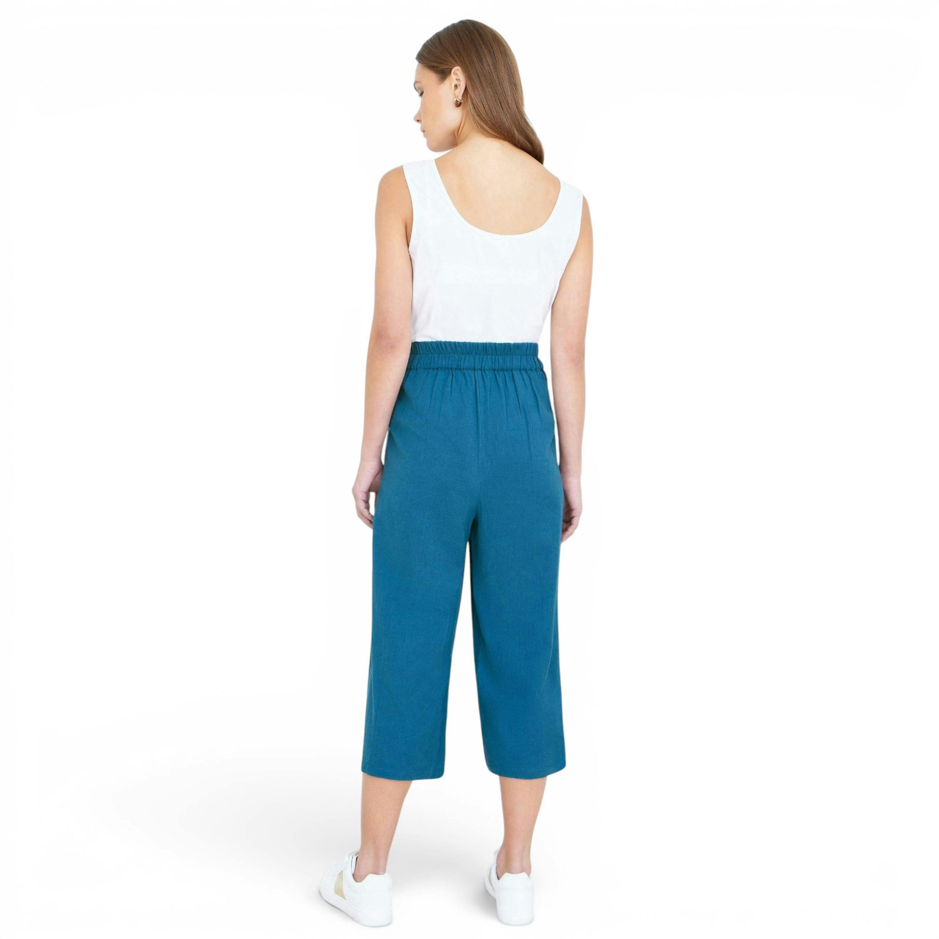 Yumi Teal Linen Mix Cropped Trousers With Tie Belt , view 3 of 5