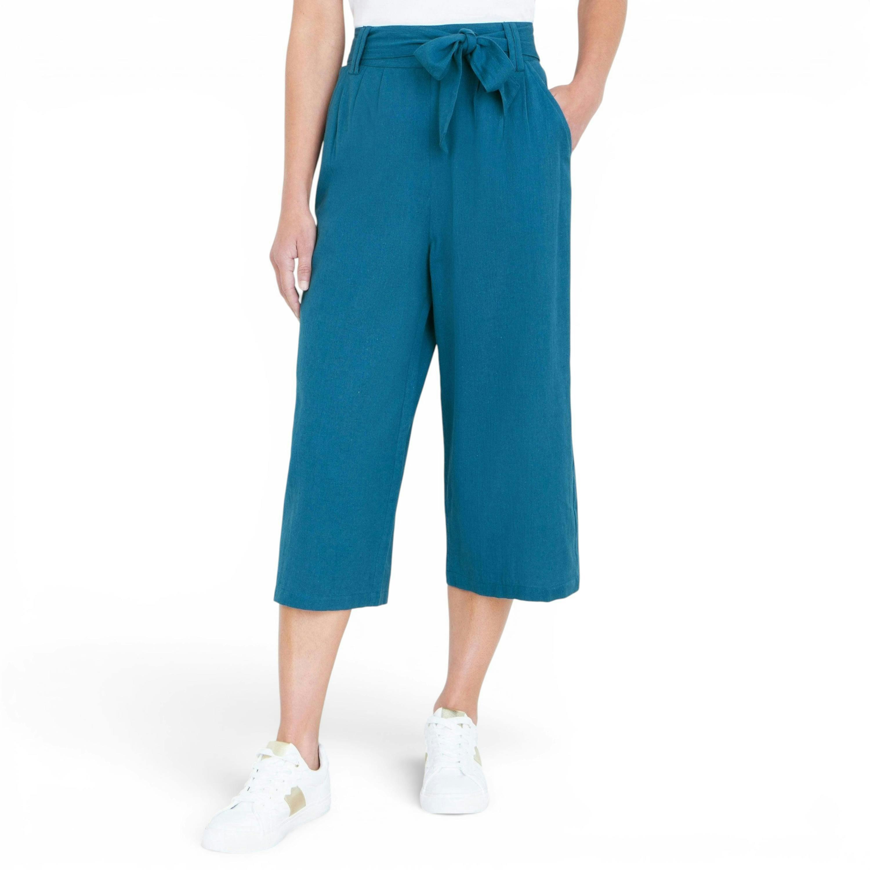 Yumi Teal Linen Mix Cropped Trousers With Tie Belt , view 4 of 5