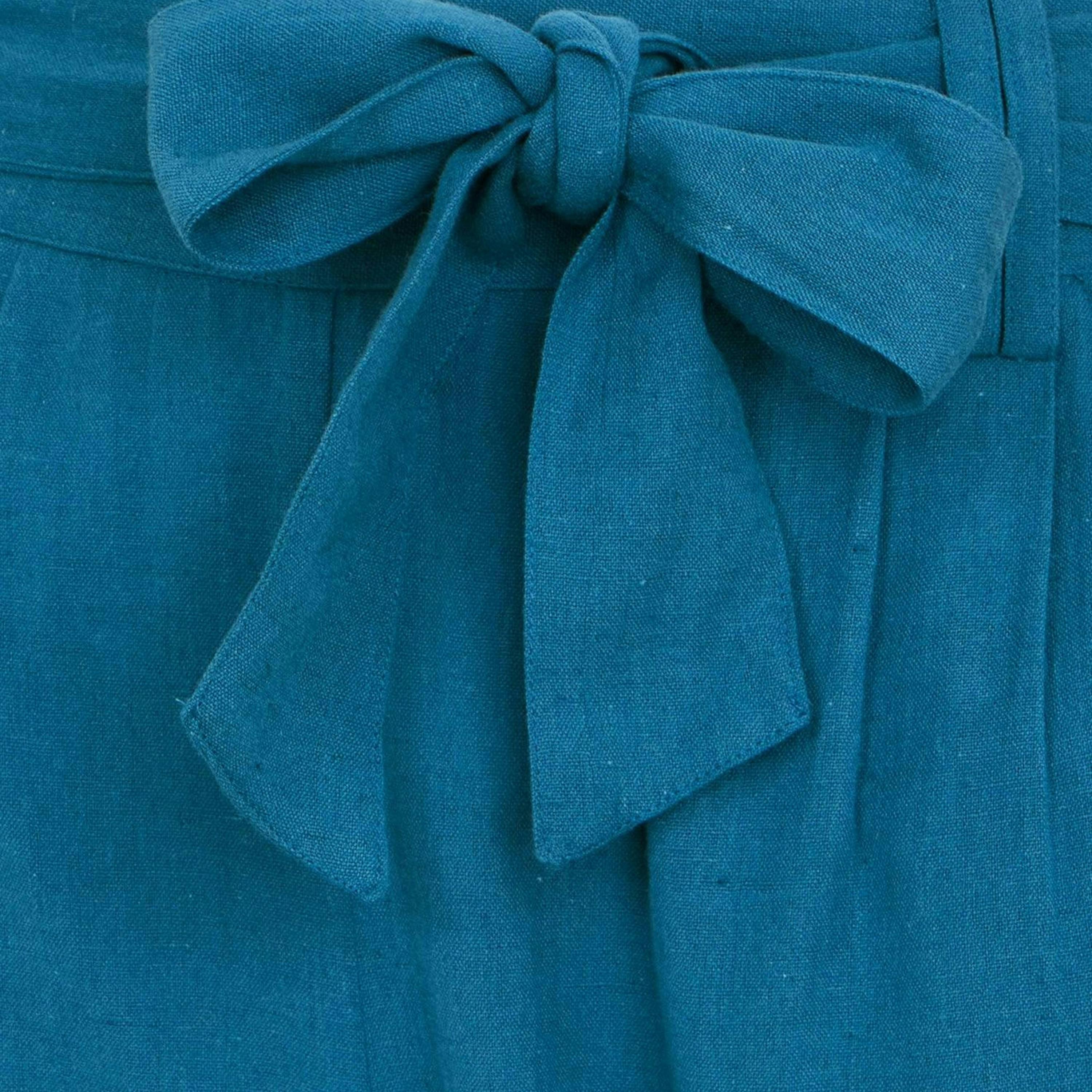 Yumi Teal Linen Mix Cropped Trousers With Tie Belt , view 5 of 5