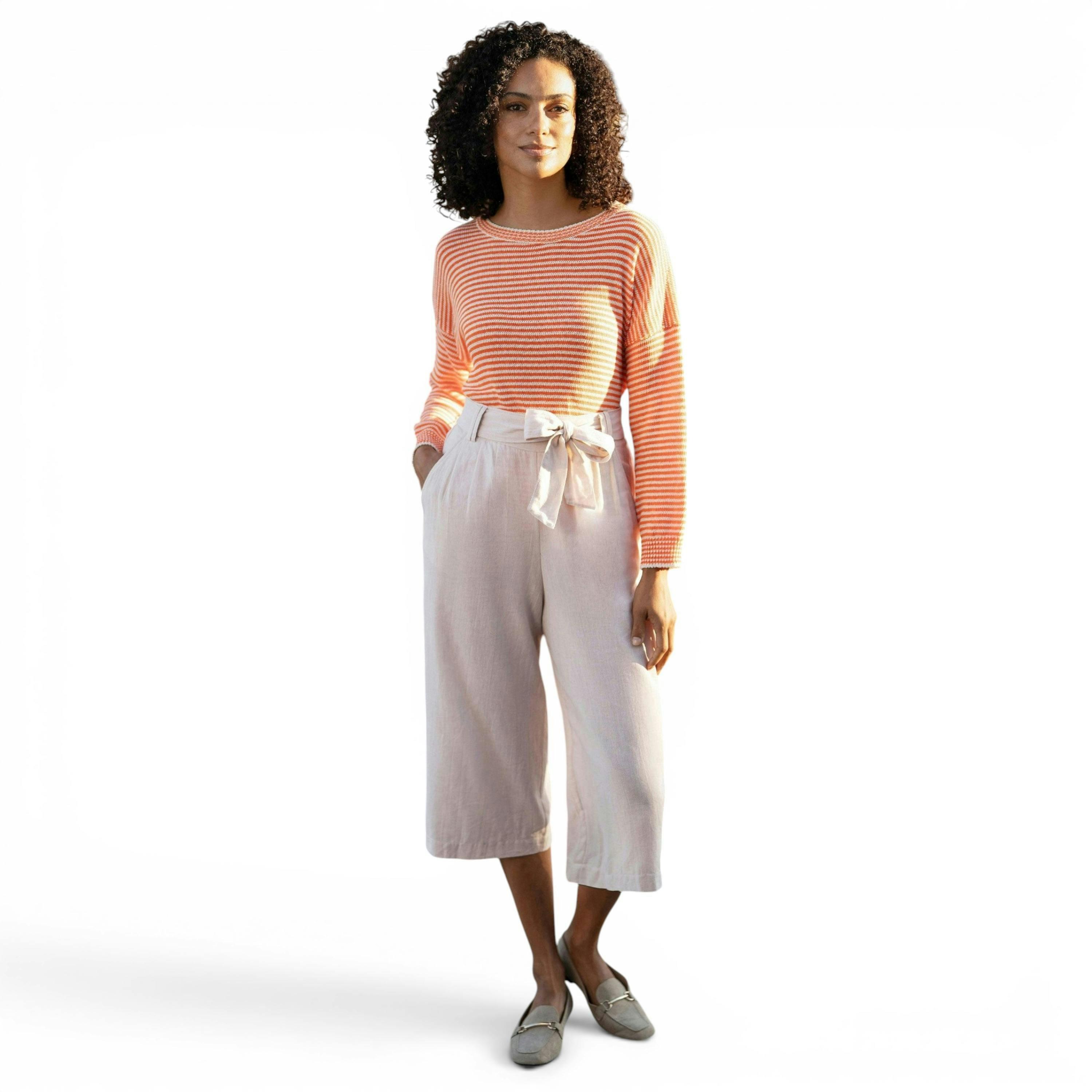 Yumi Natural Linen Mix Cropped Trousers With Tie Belt , view 1 of 6