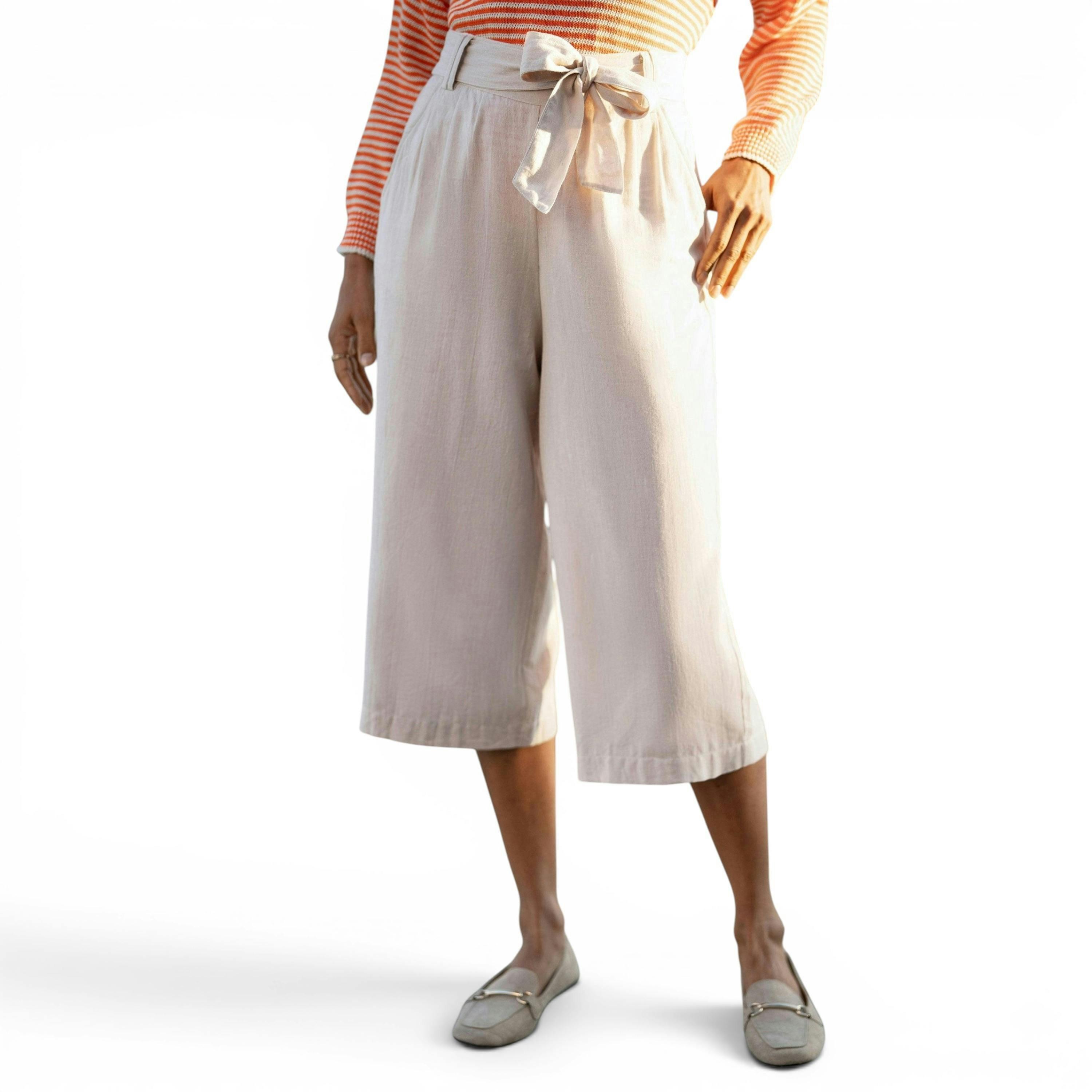 Yumi Natural Linen Mix Cropped Trousers With Tie Belt , view 4 of 6