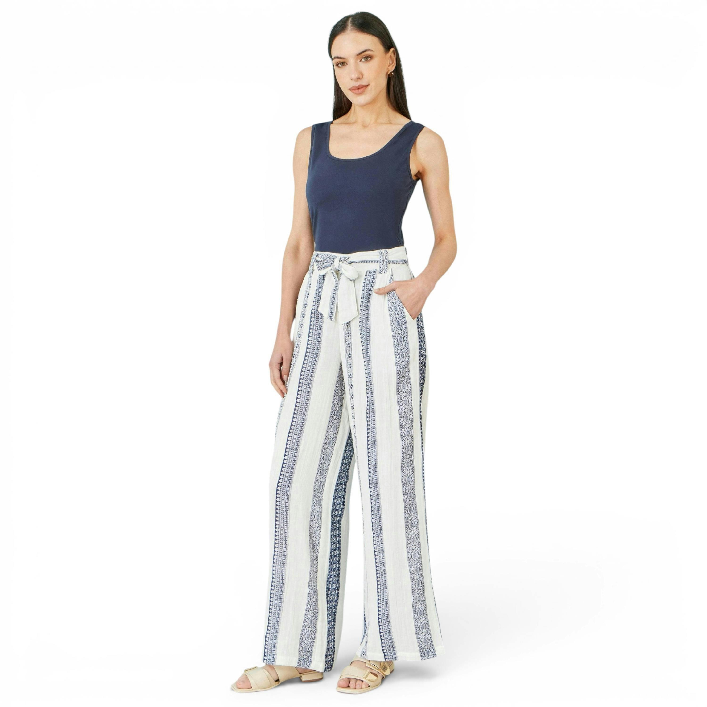 Yumi White Linen Mix Cropped Trousers With Tie Belt , view 1 of 5