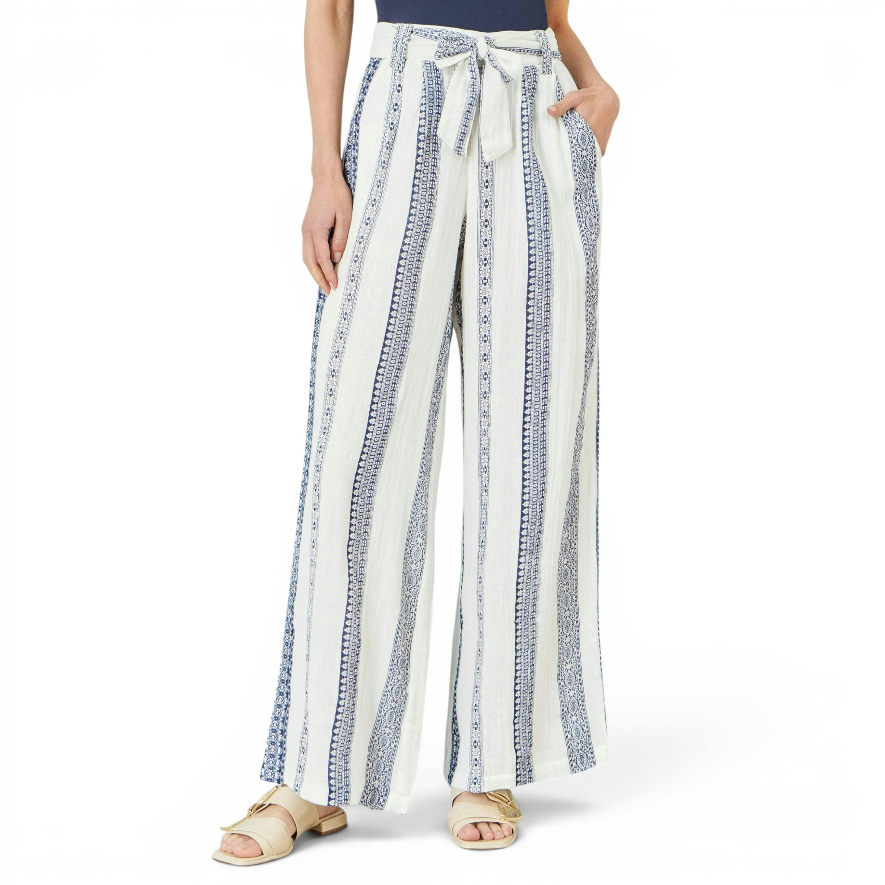 Yumi White Linen Mix Cropped Trousers With Tie Belt , view 2 of 5