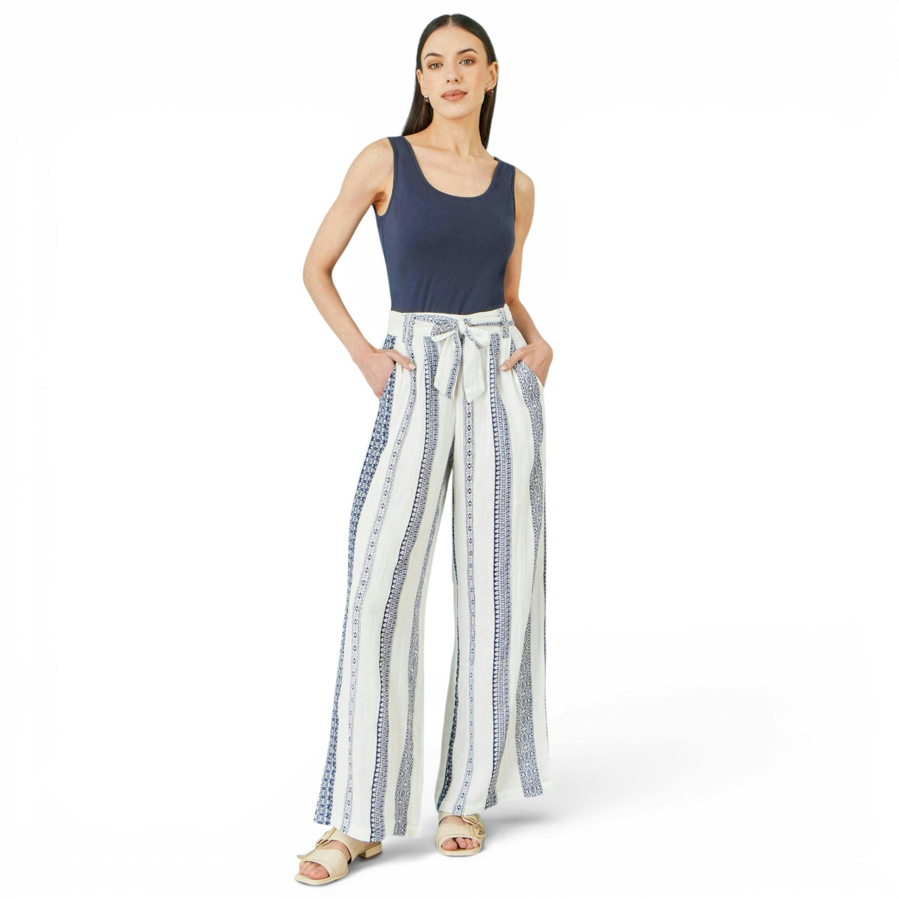 Yumi White Linen Mix Cropped Trousers With Tie Belt , view 3 of 5
