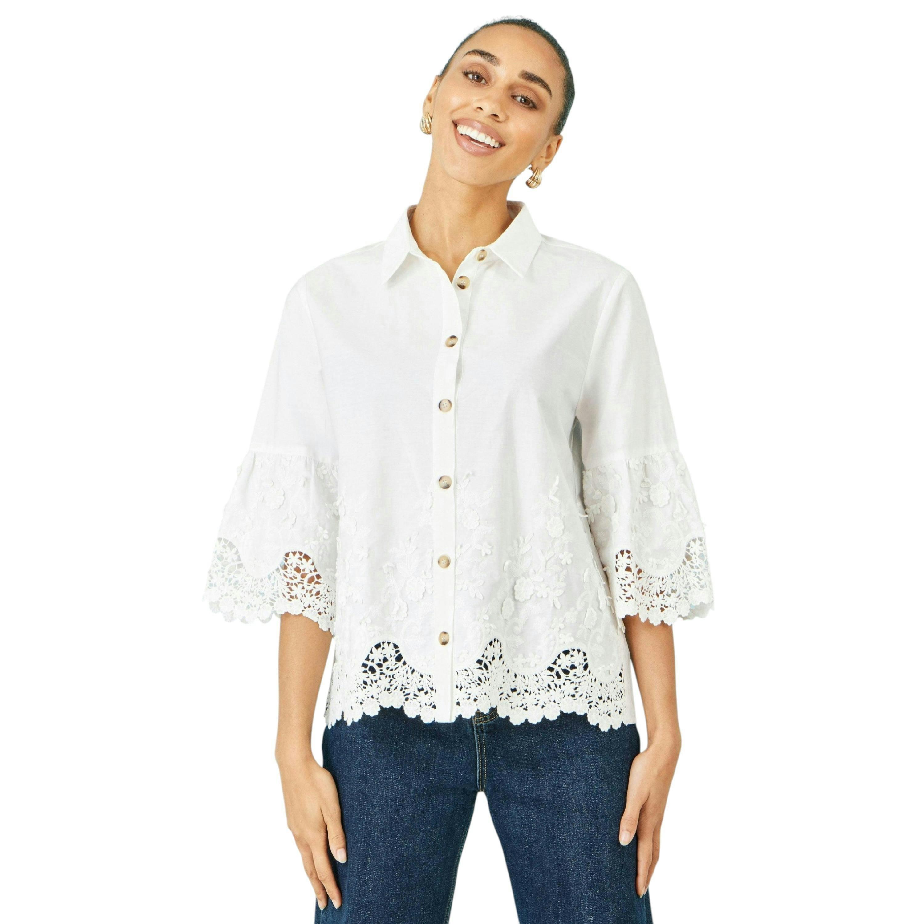 Yumi White Cotton Lace Border Shirt , view 1 of 6