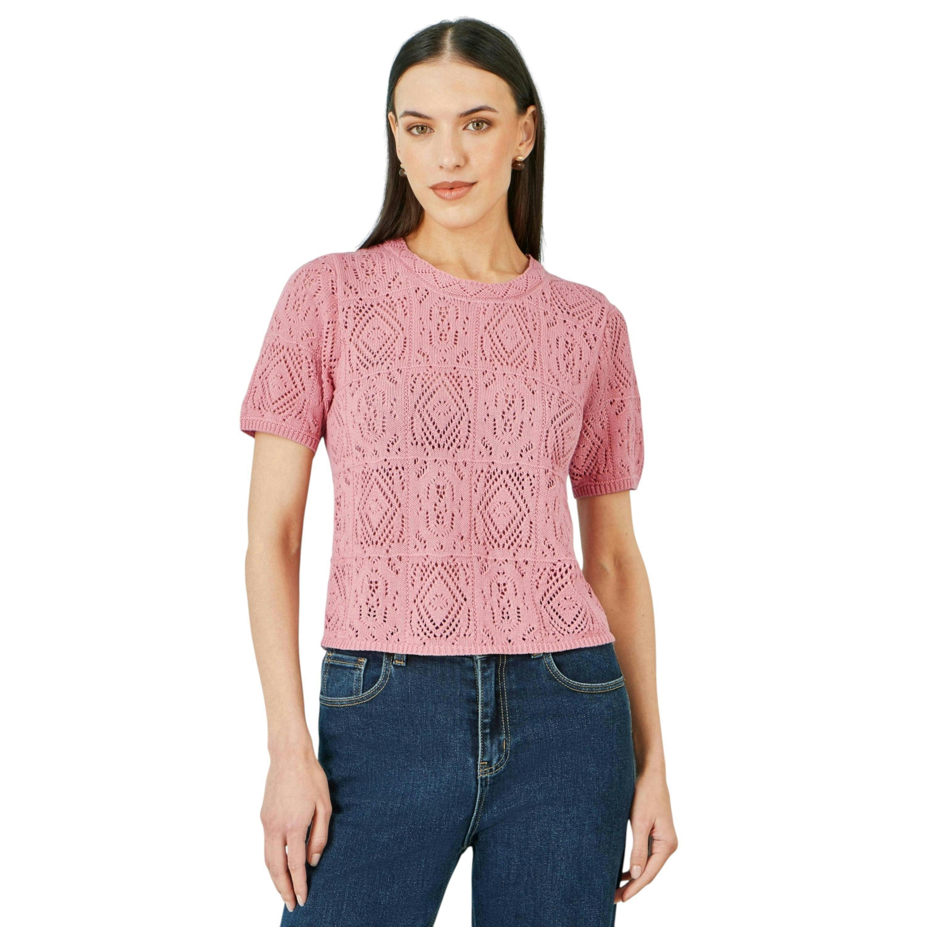 Yumi Pink Cotton Crochet Knitted Top , view 1 of 5
