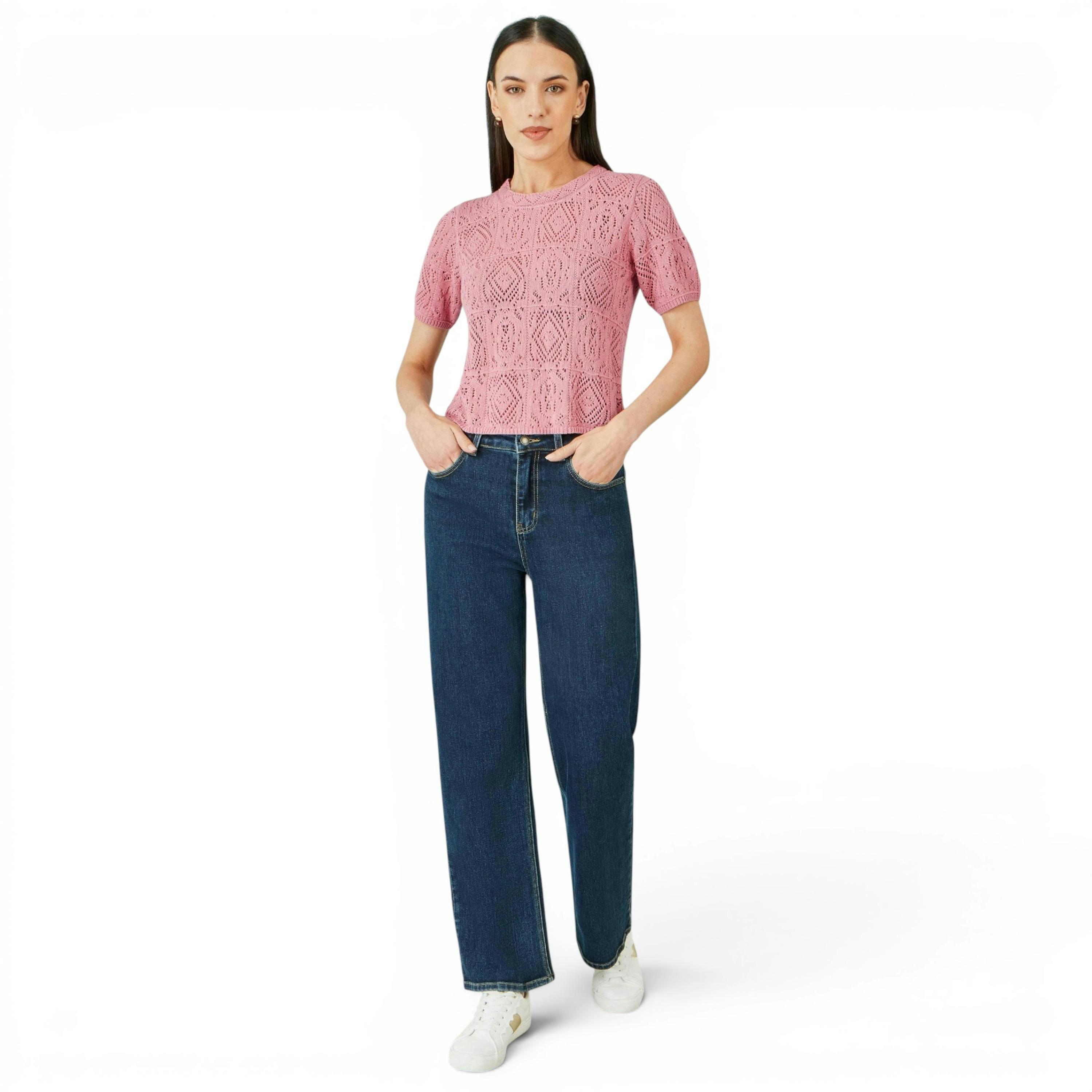 Yumi Pink Cotton Crochet Knitted Top , view 2 of 5