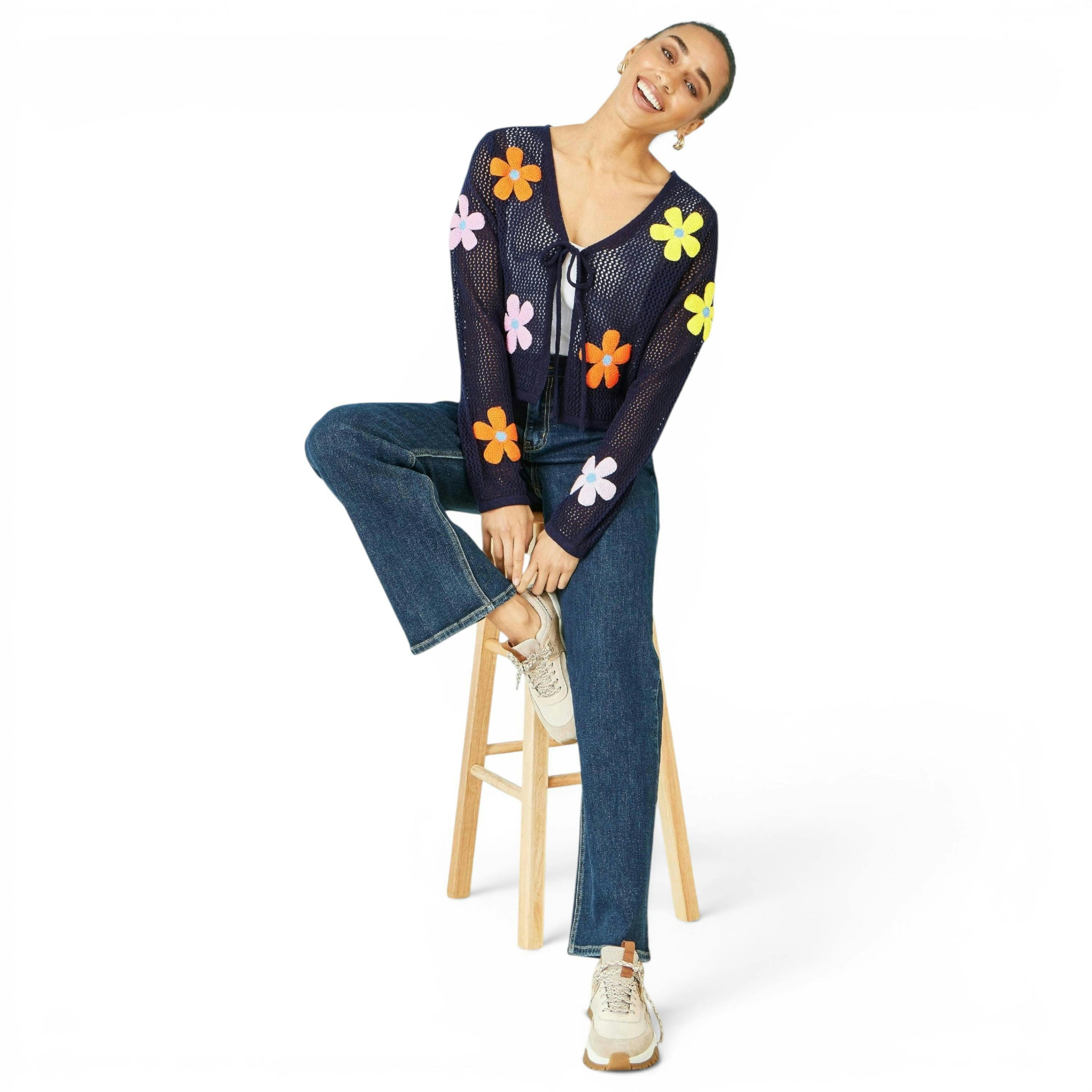 Yumi Navy Tie Front Cardigan With Flower Design , view 2 of 6