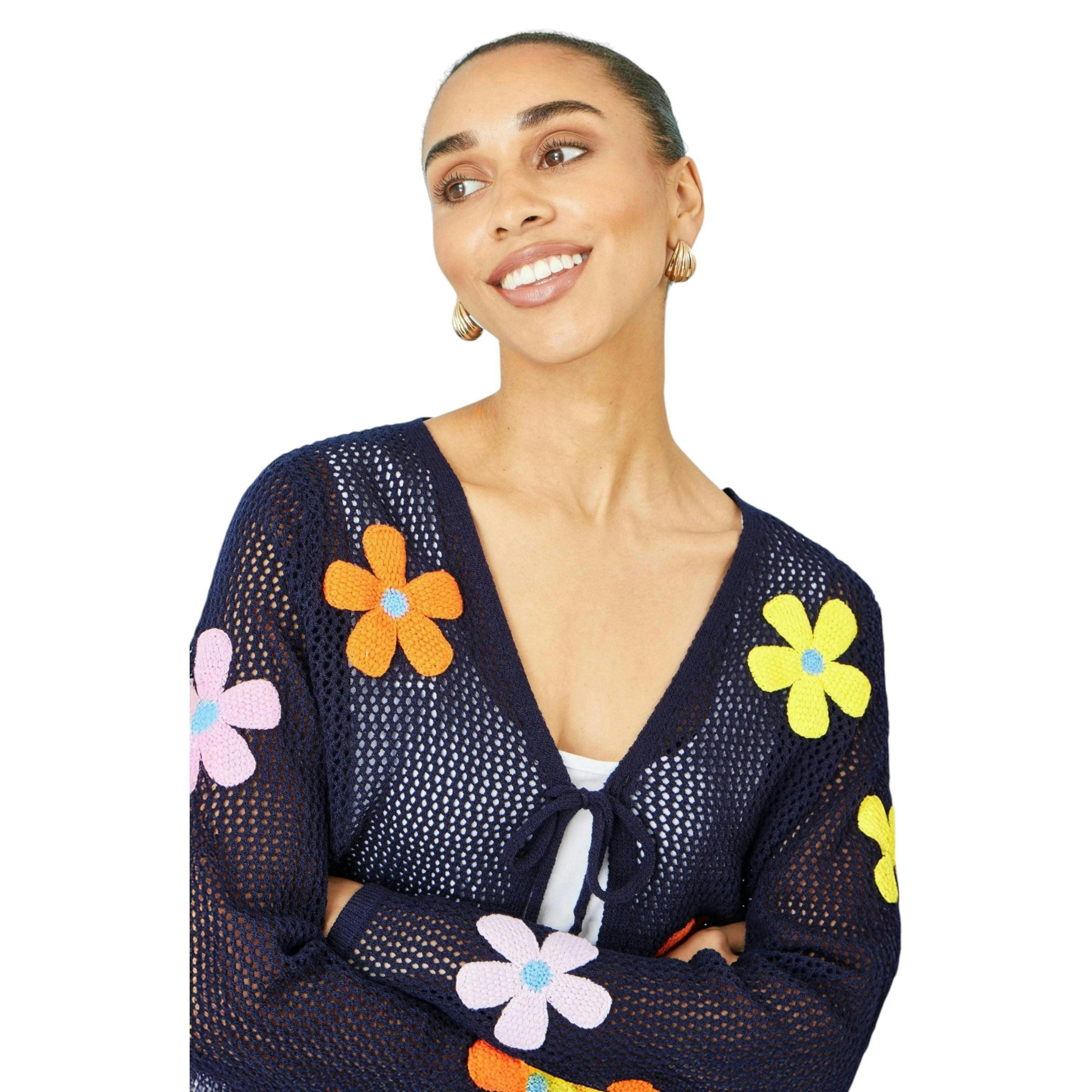 Yumi Navy Tie Front Cardigan With Flower Design , view 3 of 6