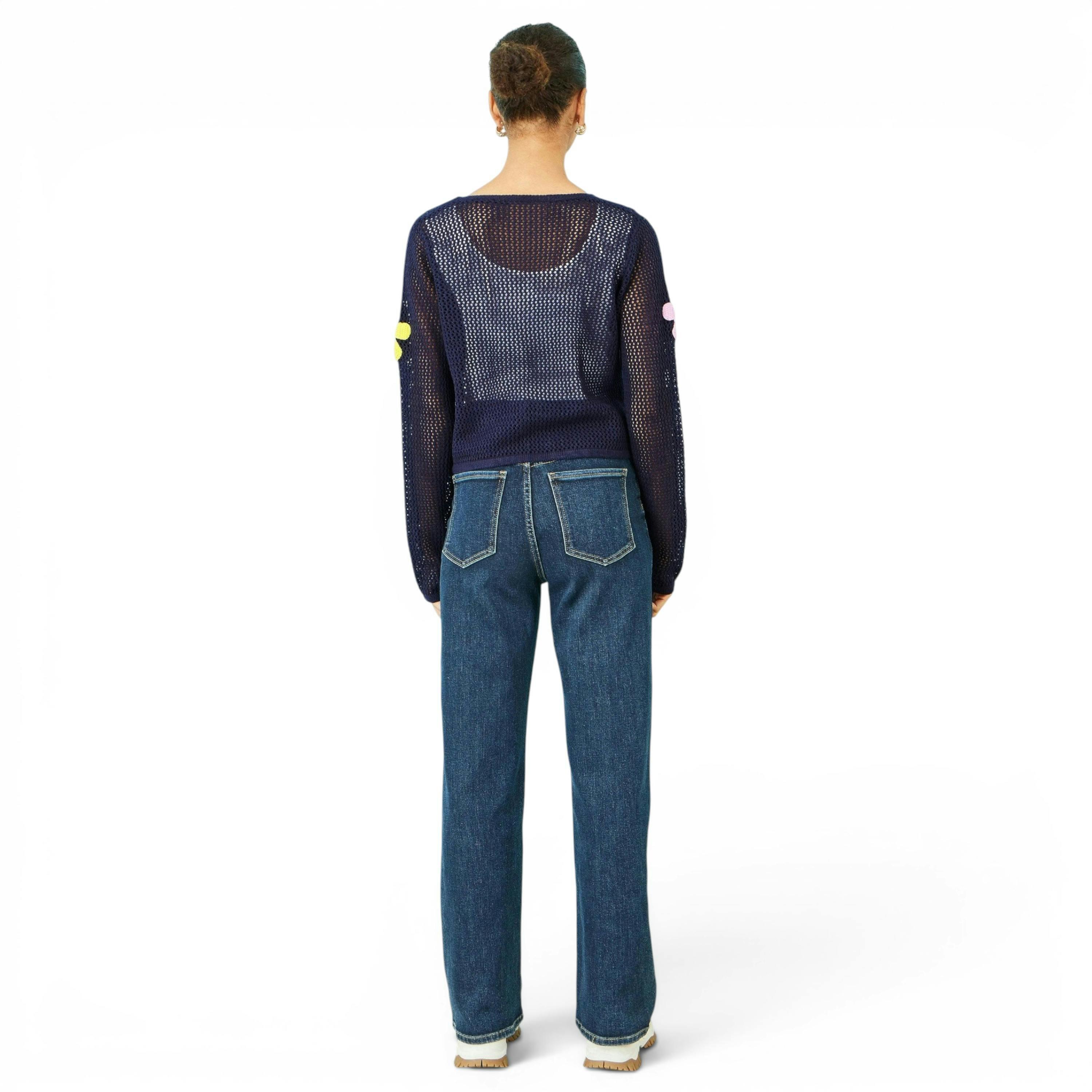 Yumi Navy Tie Front Cardigan With Flower Design , view 4 of 6