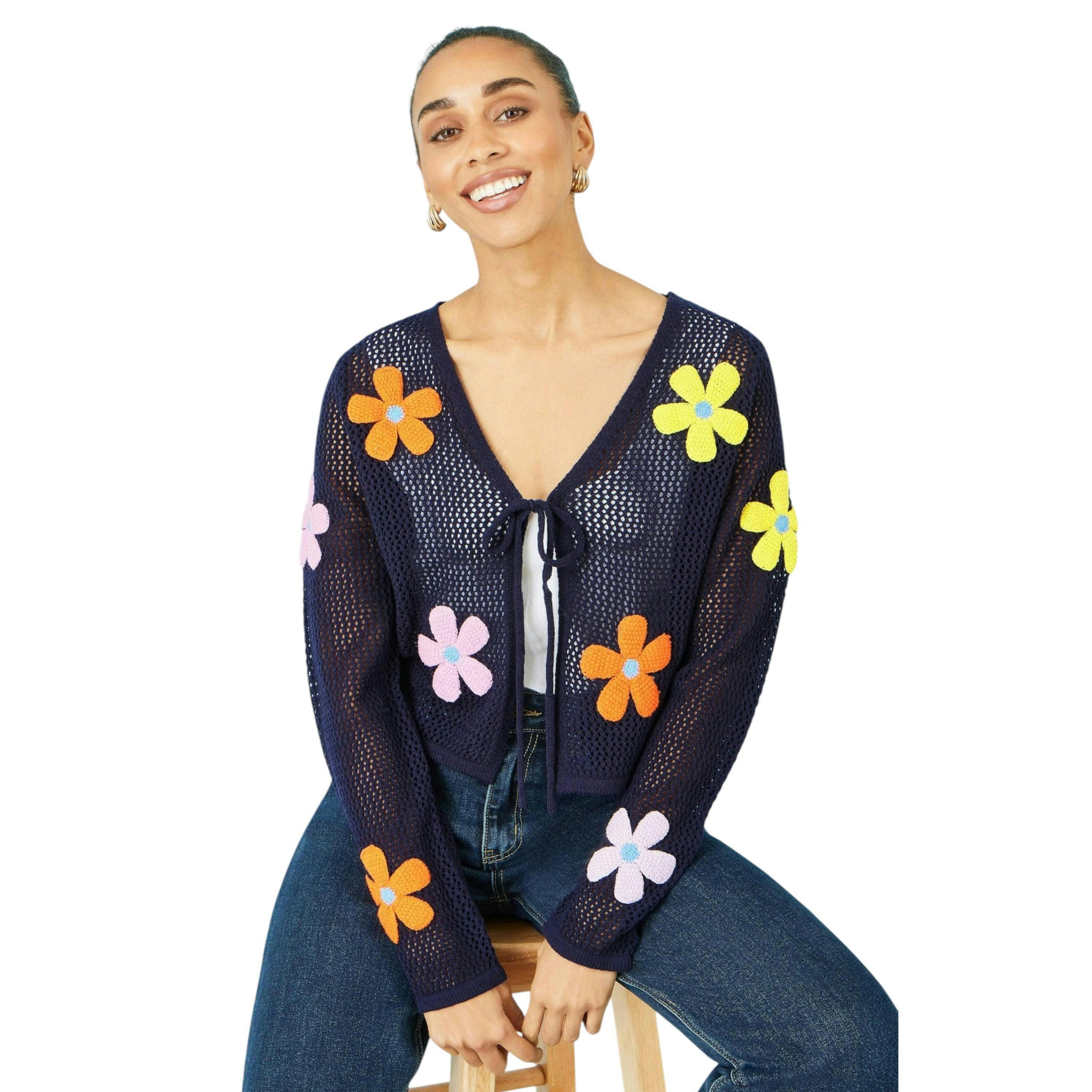Yumi Navy Tie Front Cardigan With Flower Design , view 5 of 6