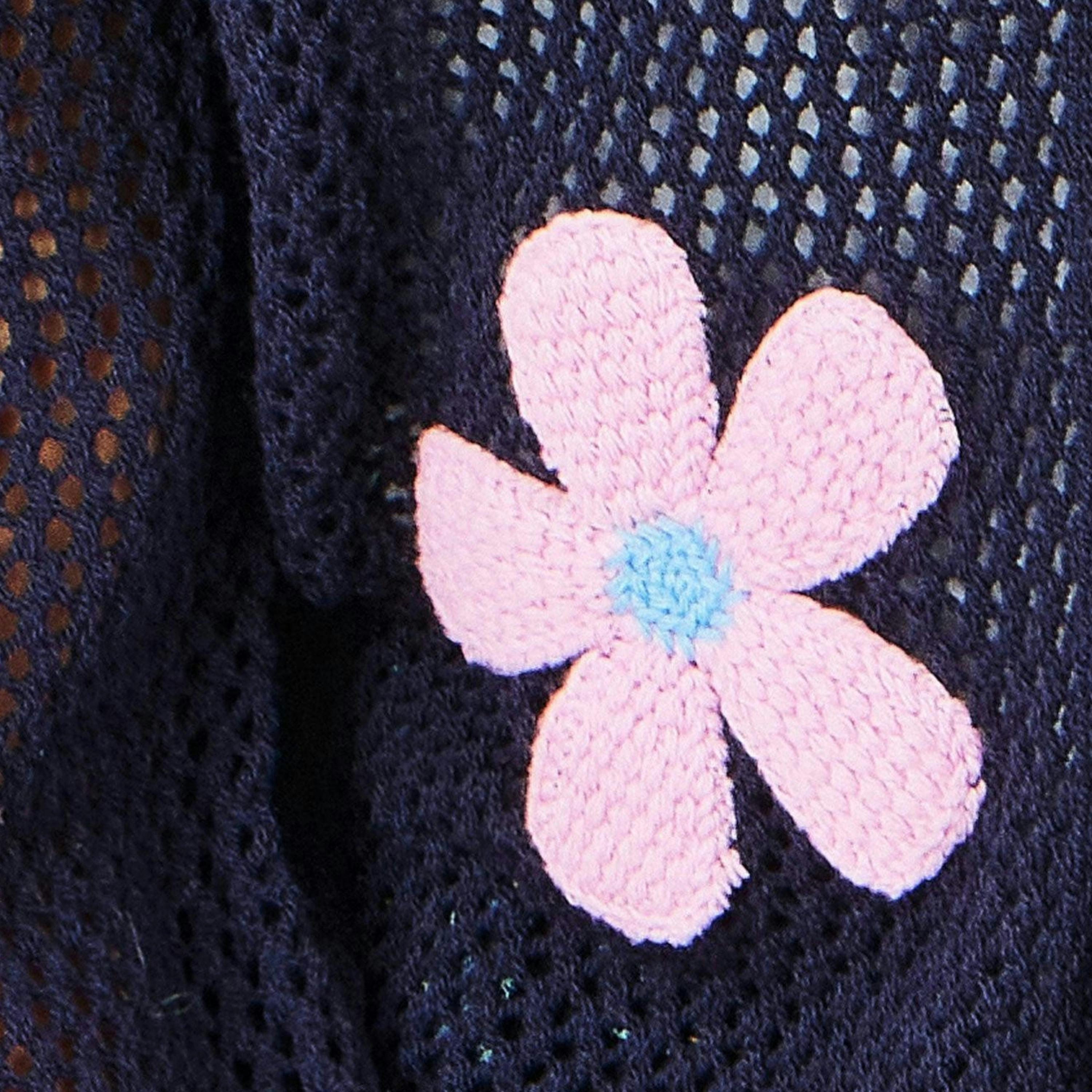 Yumi Navy Tie Front Cardigan With Flower Design , view 6 of 6