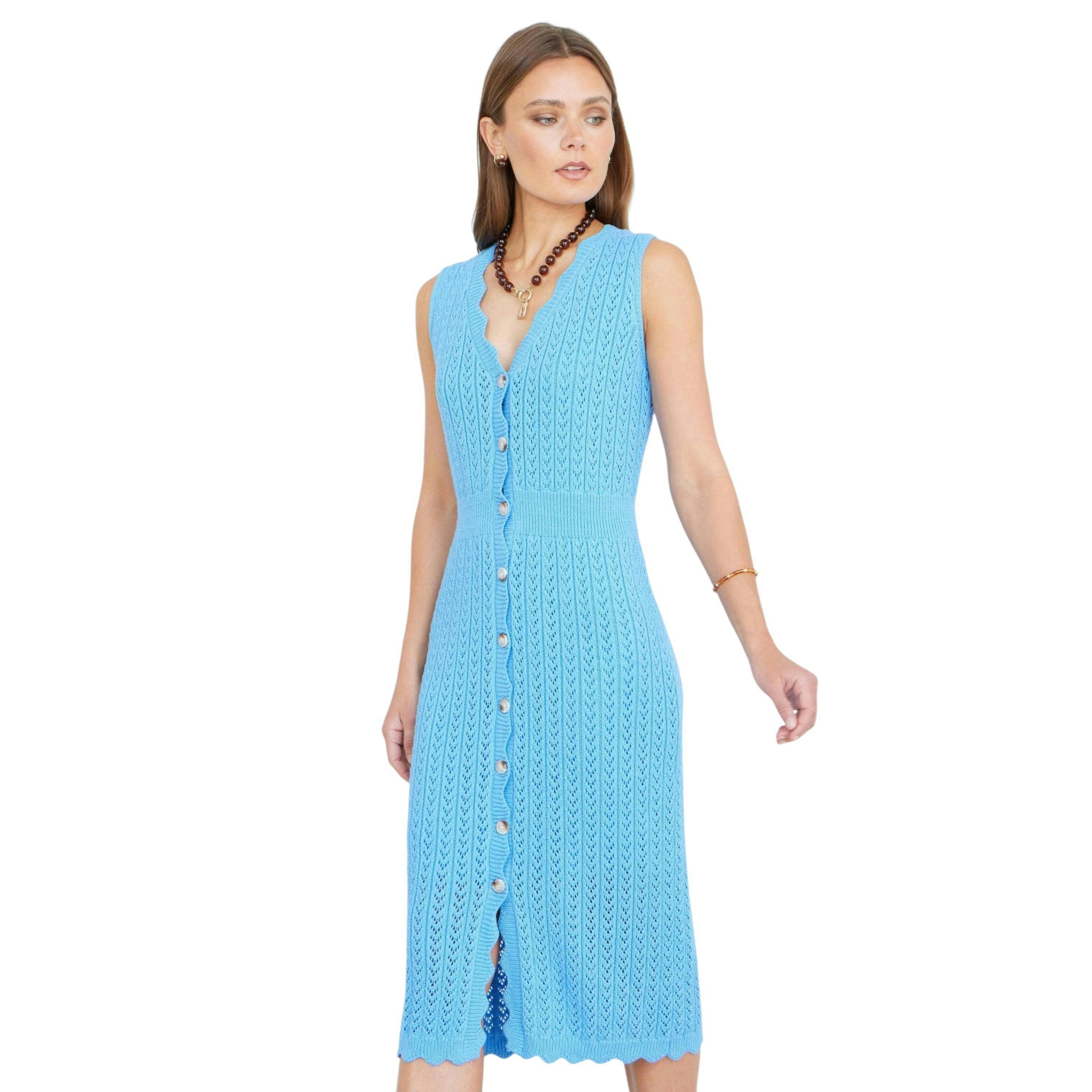 Yumi Blue Scallop Edge Crochet Knitted Midi Dress , view 1 of 6