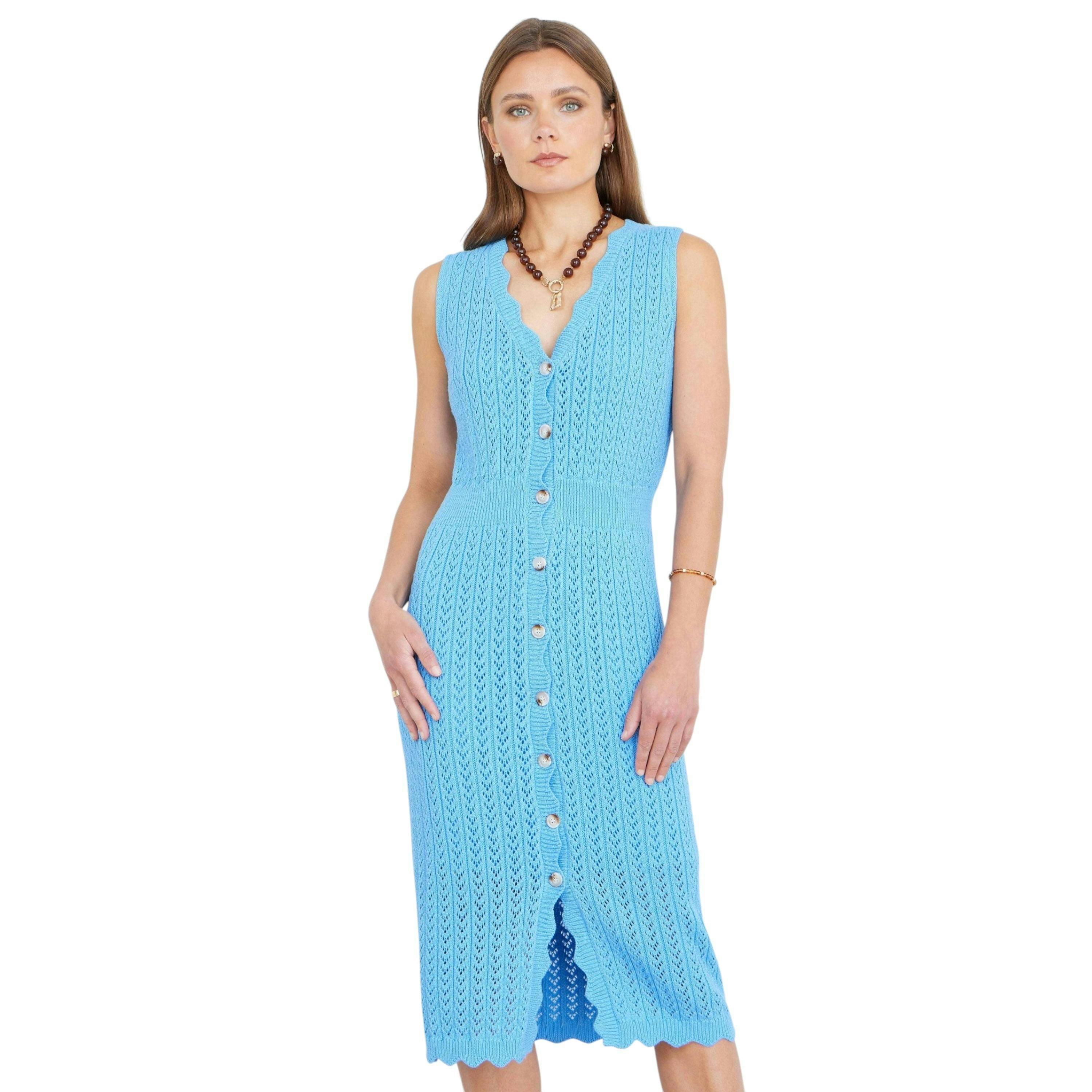 Yumi Blue Scallop Edge Crochet Knitted Midi Dress , view 5 of 6