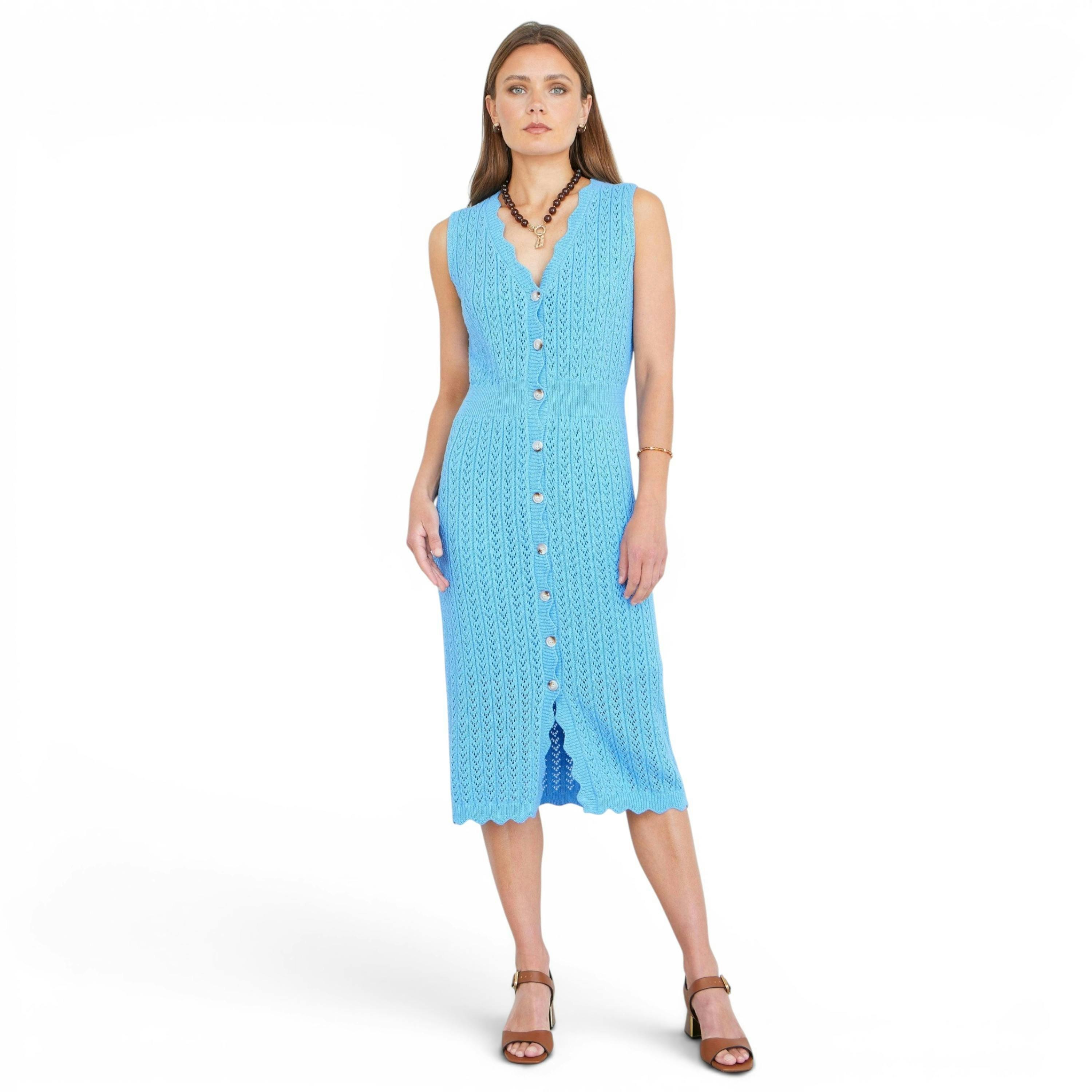 Yumi Blue Scallop Edge Crochet Knitted Midi Dress , view 6 of 6
