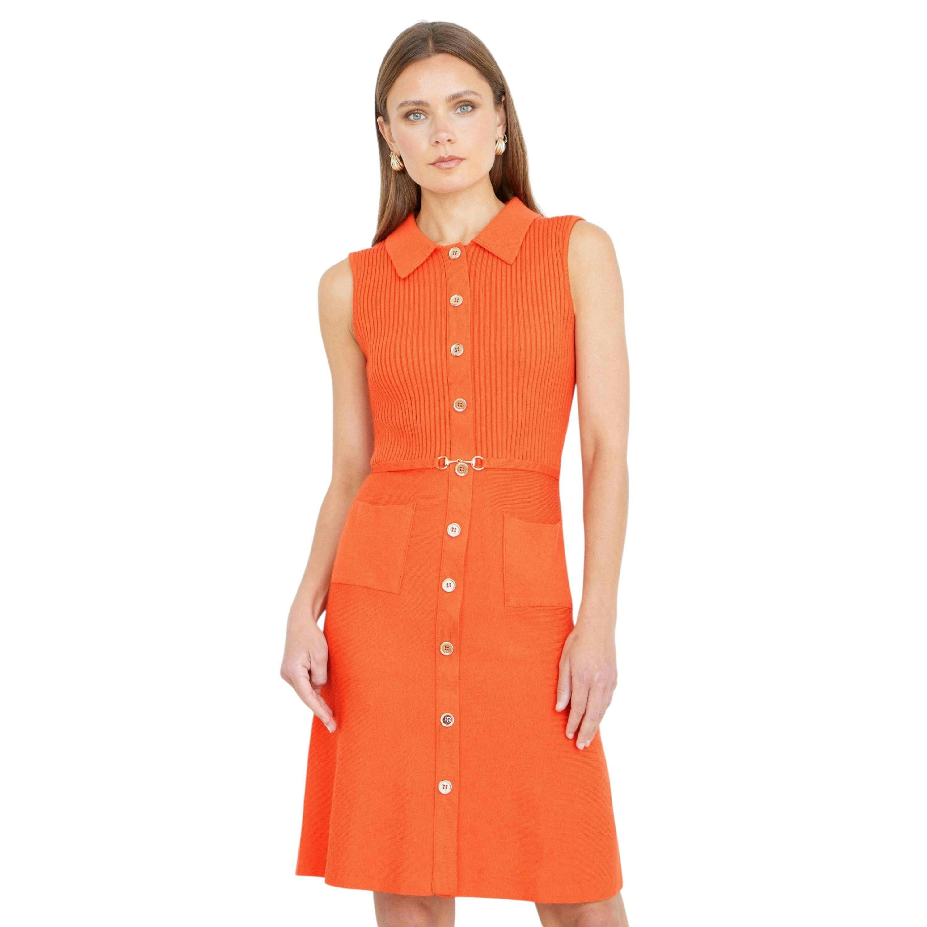 Yumi Orange Rib Knitted Skater Dress With Buckle Detail , view 1 of 5