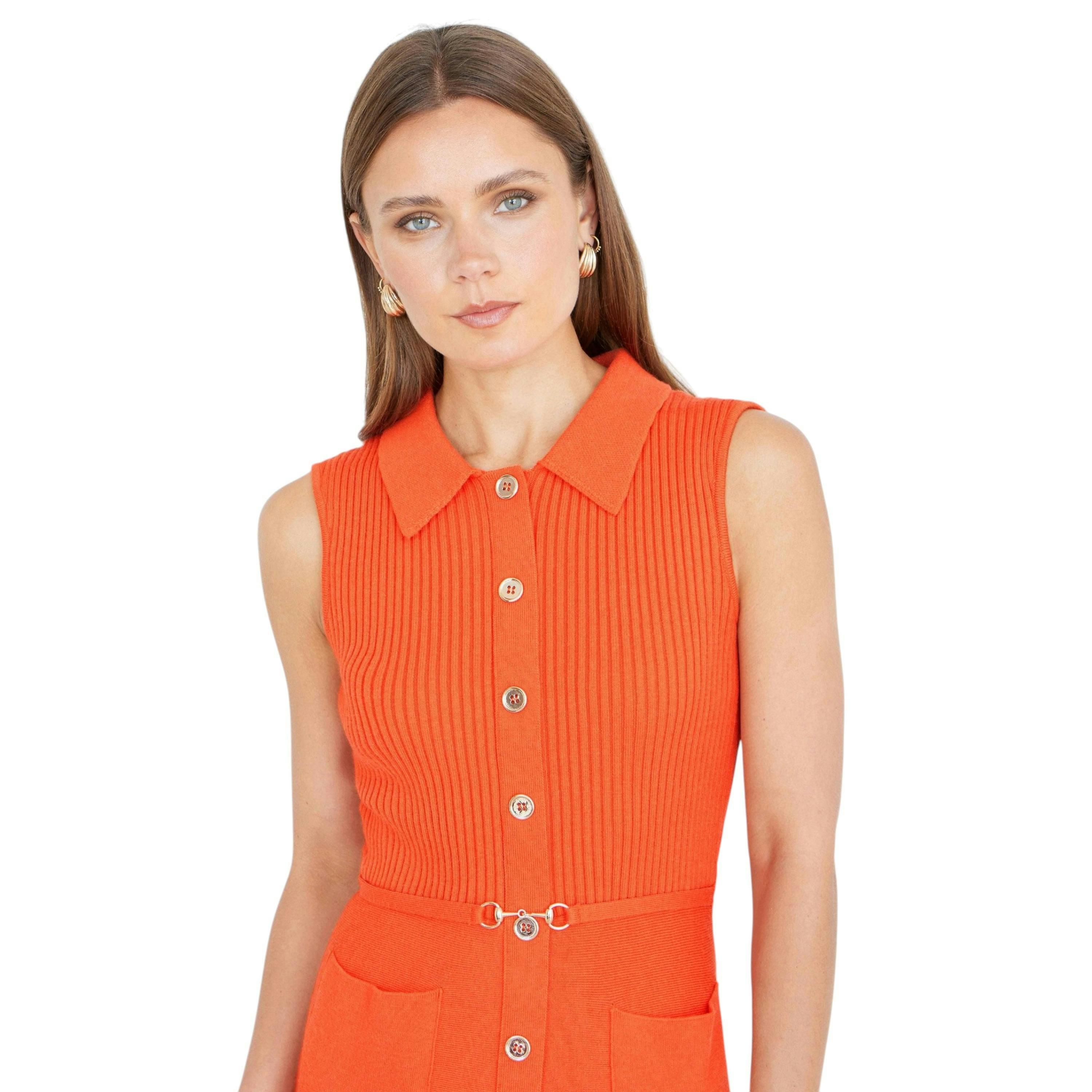 Yumi Orange Rib Knitted Skater Dress With Buckle Detail , view 2 of 5