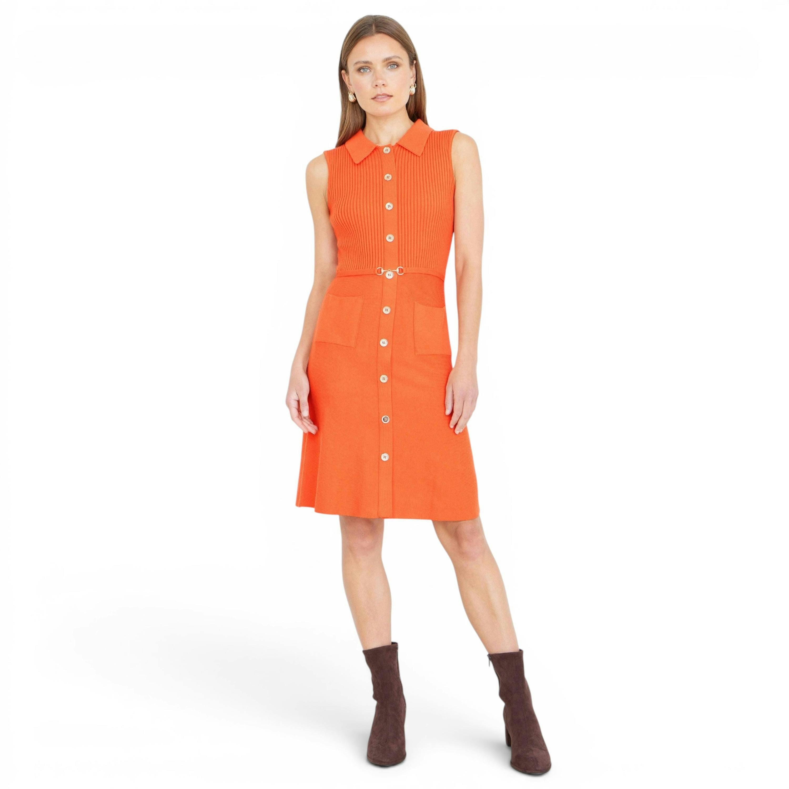 Yumi Orange Rib Knitted Skater Dress With Buckle Detail , view 4 of 5