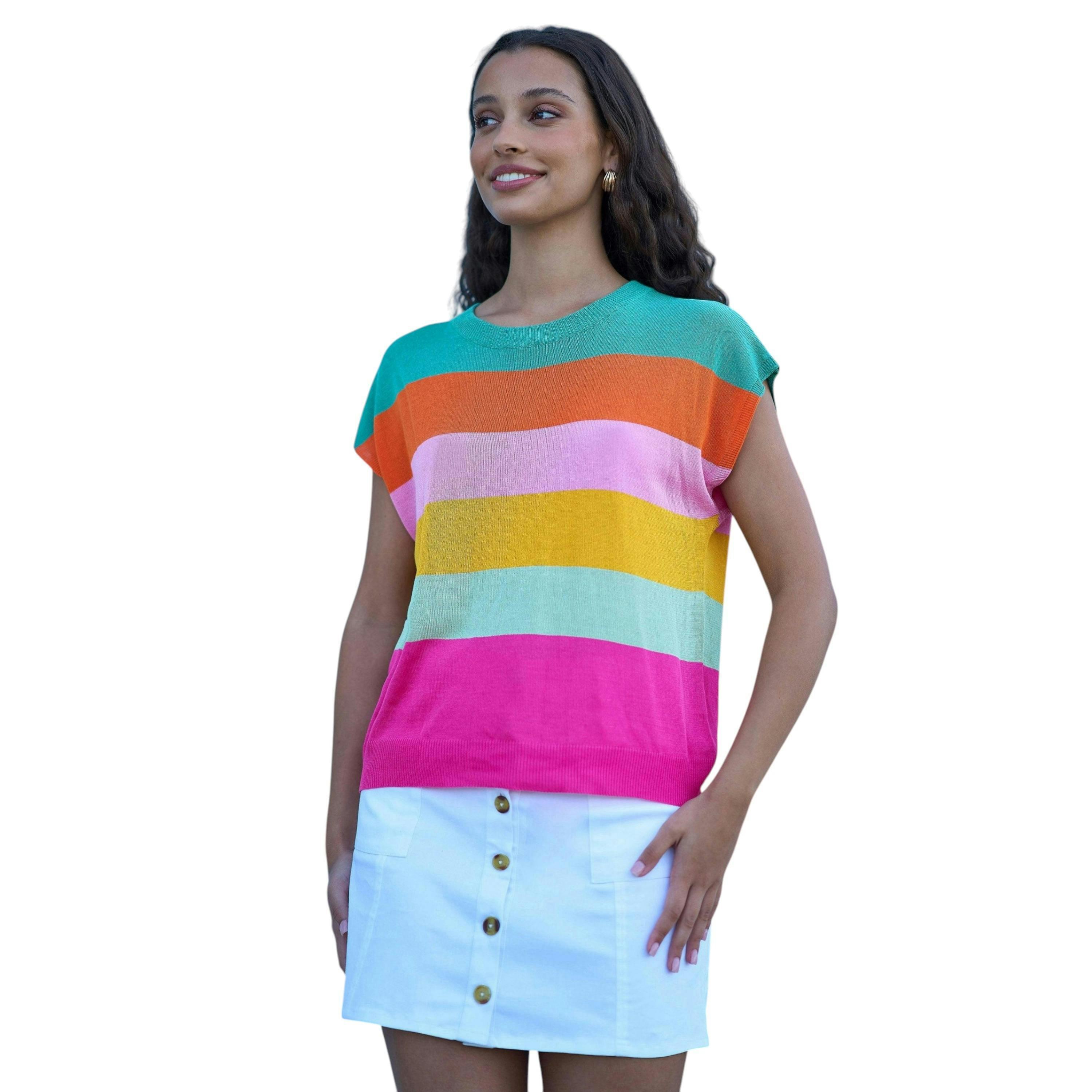 Yumi Multicolour Block Stripe Relaxed Knitted Top , view 1 of 6